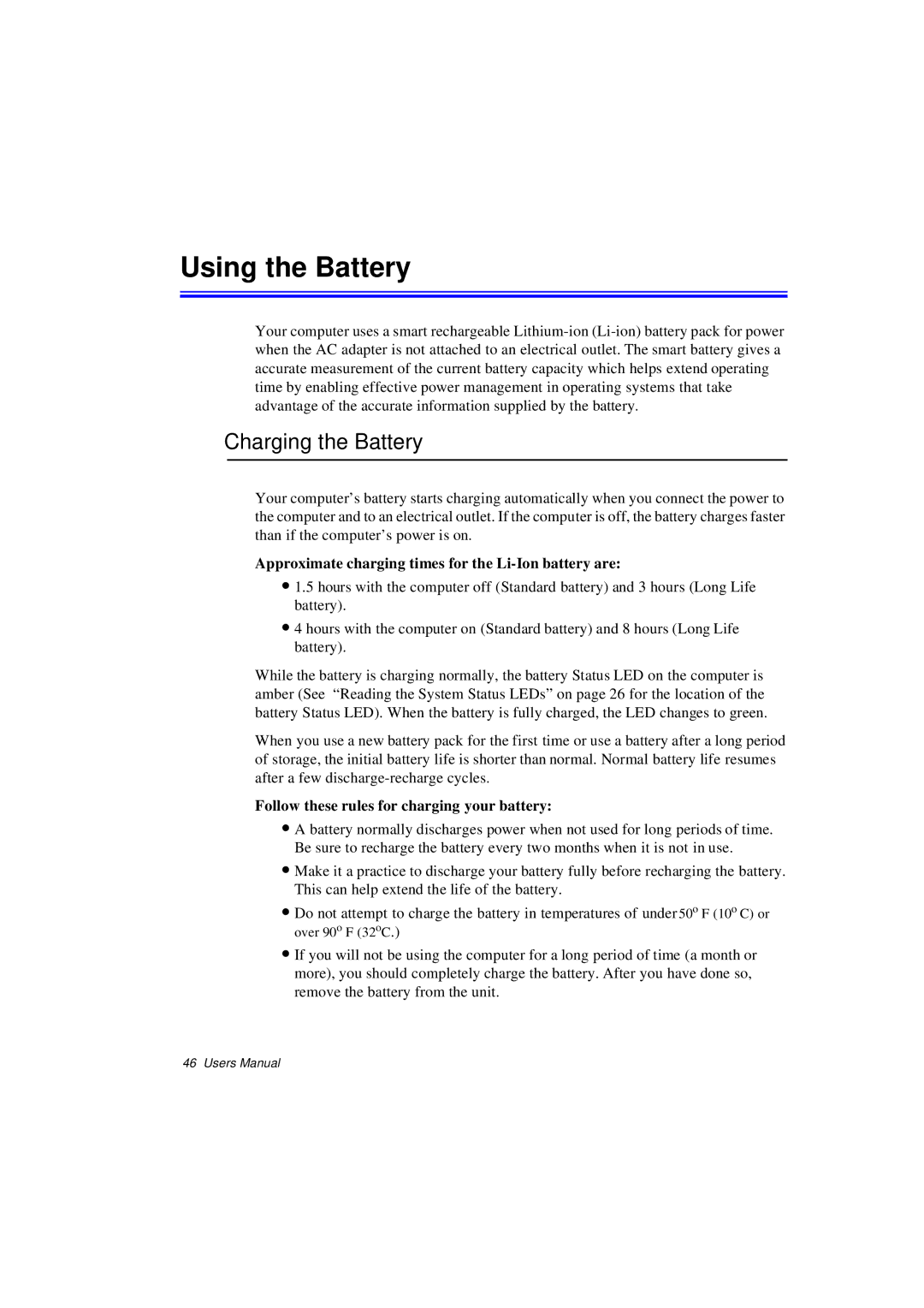 Samsung N760GR2003/SEF Using the Battery, Charging the Battery, Approximate charging times for the Li-Ion battery are 