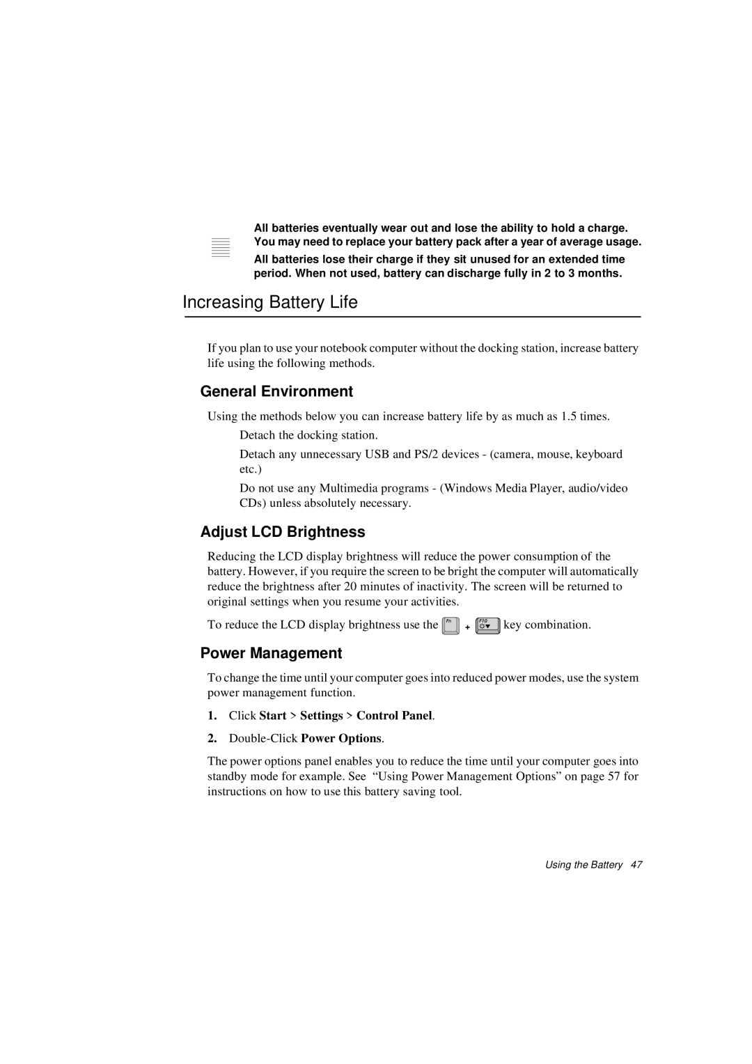 Samsung N760PJ2002/SEF manual Increasing Battery Life, General Environment, Adjust LCD Brightness, Power Management 