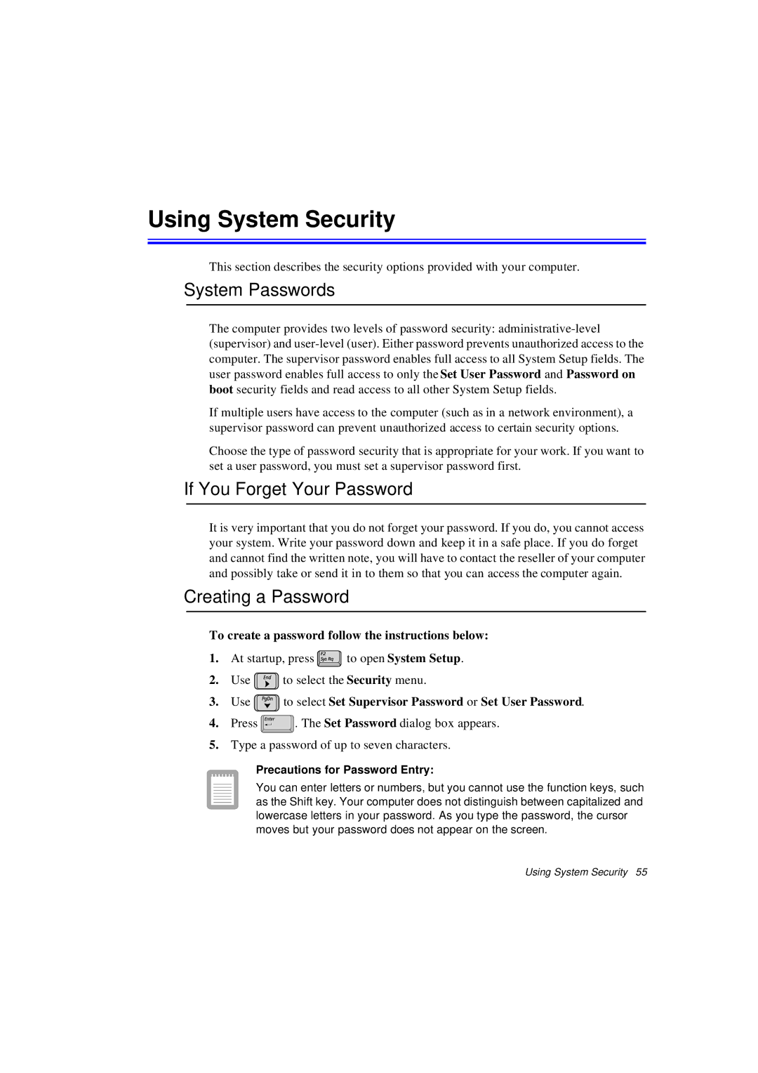 Samsung N760GN2002/SEF manual Using System Security, System Passwords, If You Forget Your Password, Creating a Password 