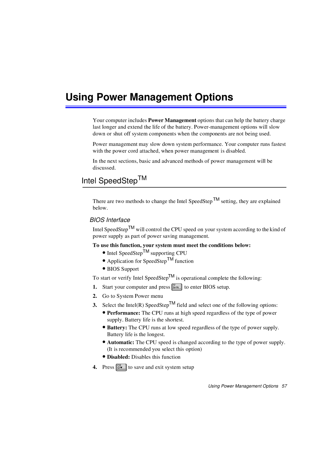 Samsung N760GR2003/SEG, N760FS2023/SEG, N760FR2001/SEG Using Power Management Options, Intel SpeedStepTM, Bios Interface 