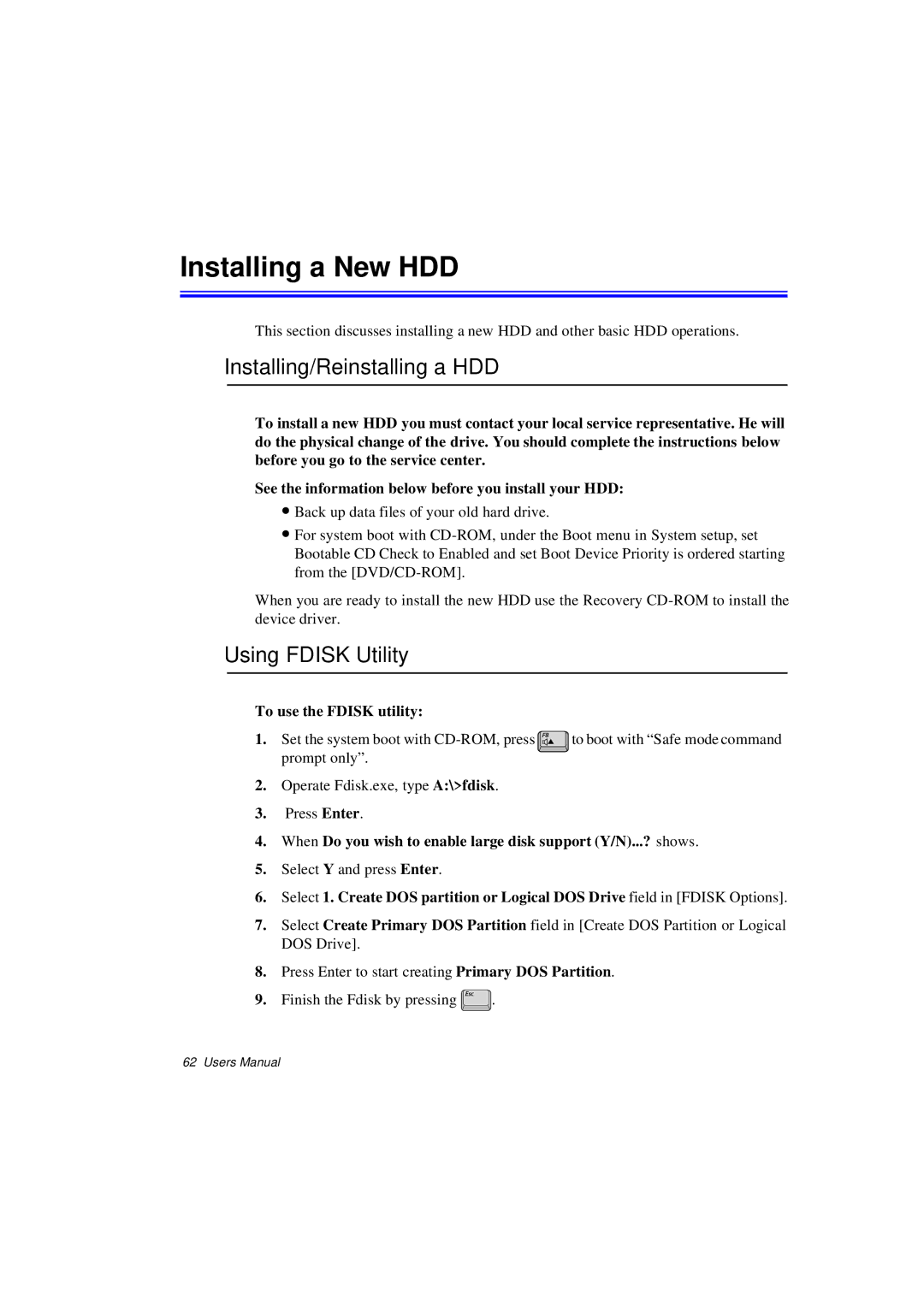 Samsung N760PJ2008/SEF Installing a New HDD, Installing/Reinstalling a HDD, Using Fdisk Utility, To use the Fdisk utility 