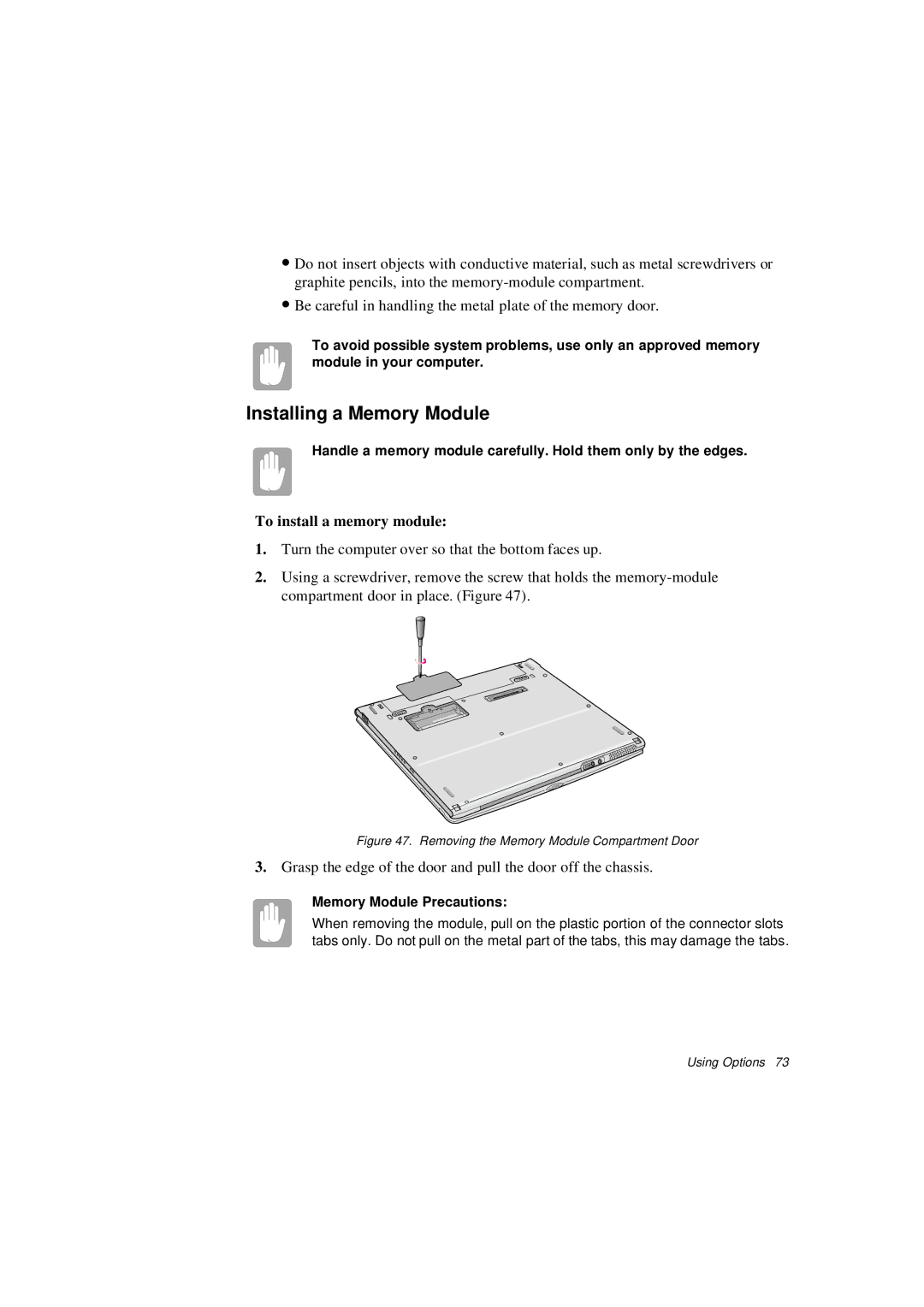 Samsung N760FS2023/SUK, N760GR2003/SEG Installing a Memory Module, To install a memory module, Memory Module Precautions 