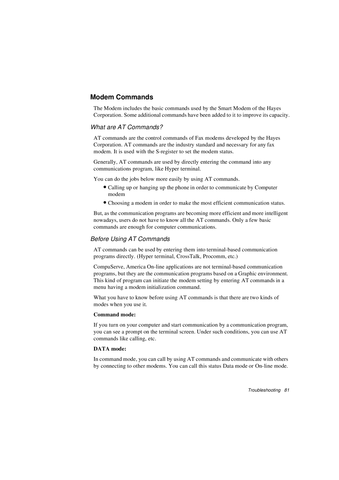 Samsung N760PJ2002/SEF manual Modem Commands, What are AT Commands?, Before Using AT Commands, Command mode, Data mode 