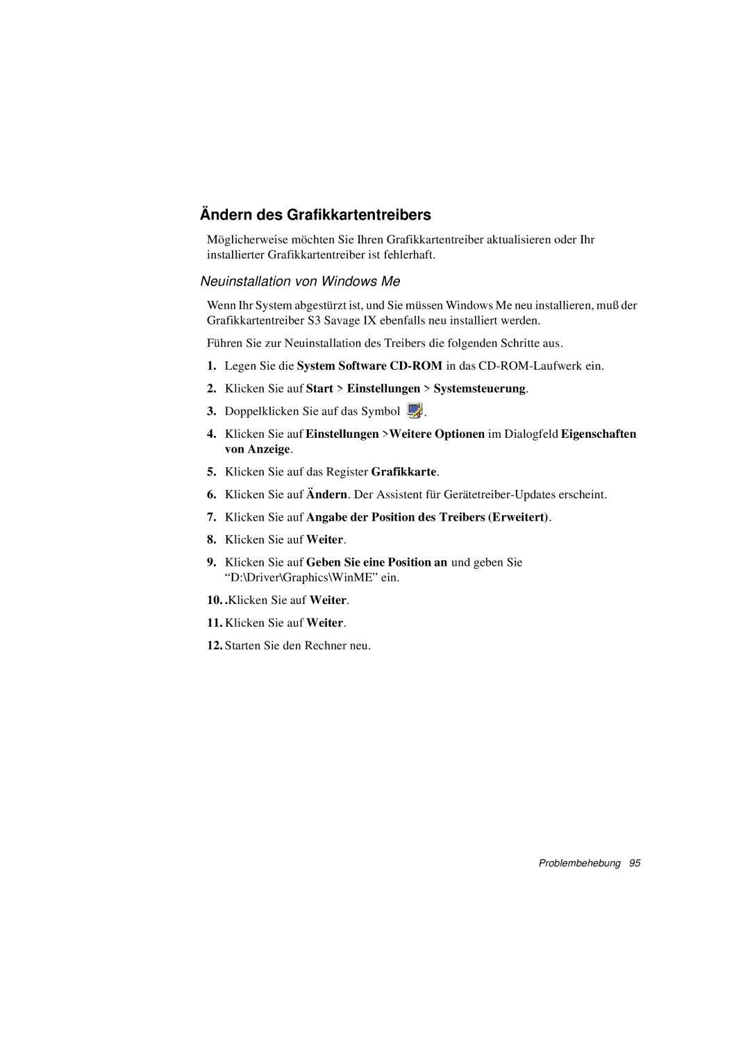 Samsung N760FS2100/SEG, N760GR2003/SEG, N760FS2023/SEG manual Ändern des Grafikkartentreibers, Neuinstallation von Windows Me 