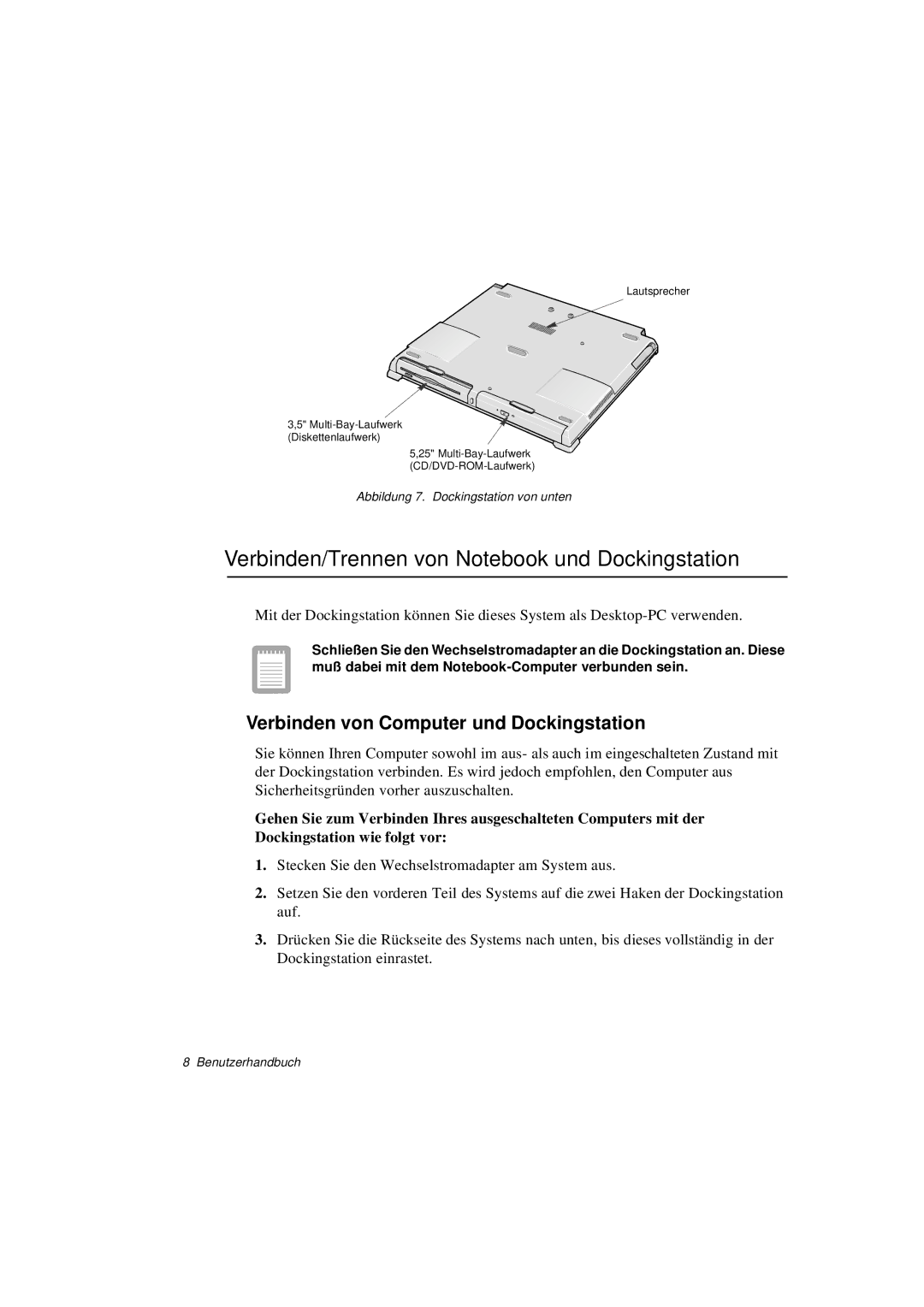 Samsung N760FS2023/SUK manual Verbinden/Trennen von Notebook und Dockingstation, Verbinden von Computer und Dockingstation 