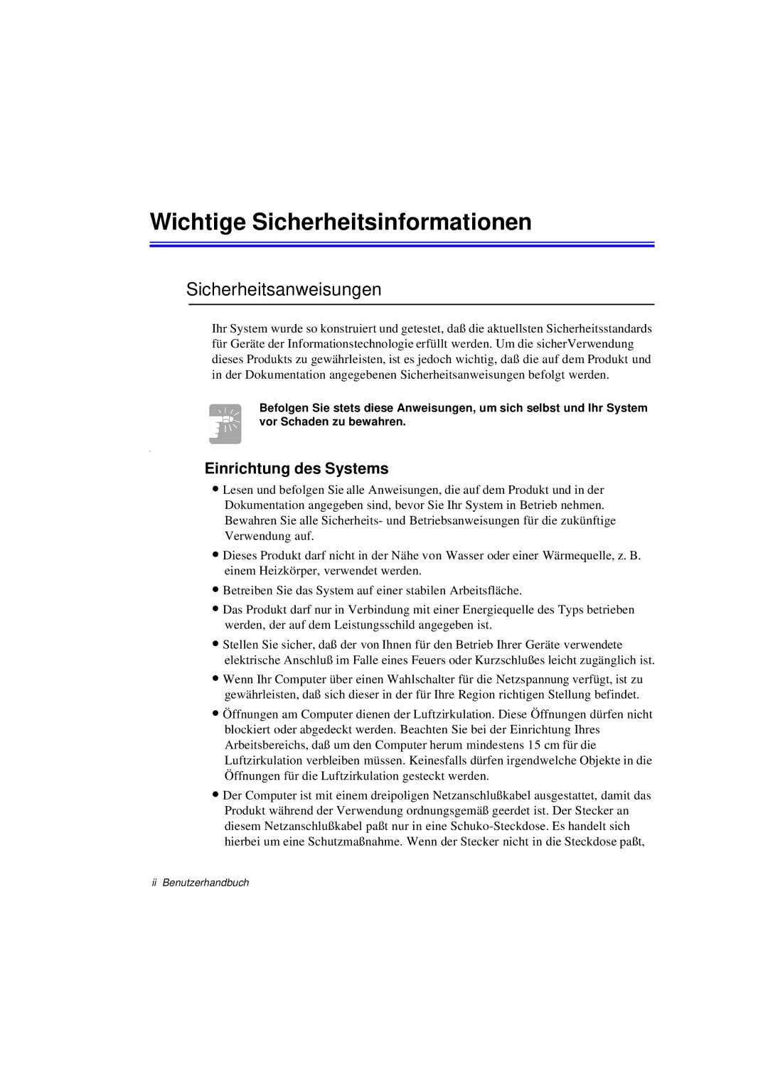 Samsung N760FS2022/SEG, N760GR2003/SEG Wichtige Sicherheitsinformationen, Sicherheitsanweisungen, Einrichtung des Systems 