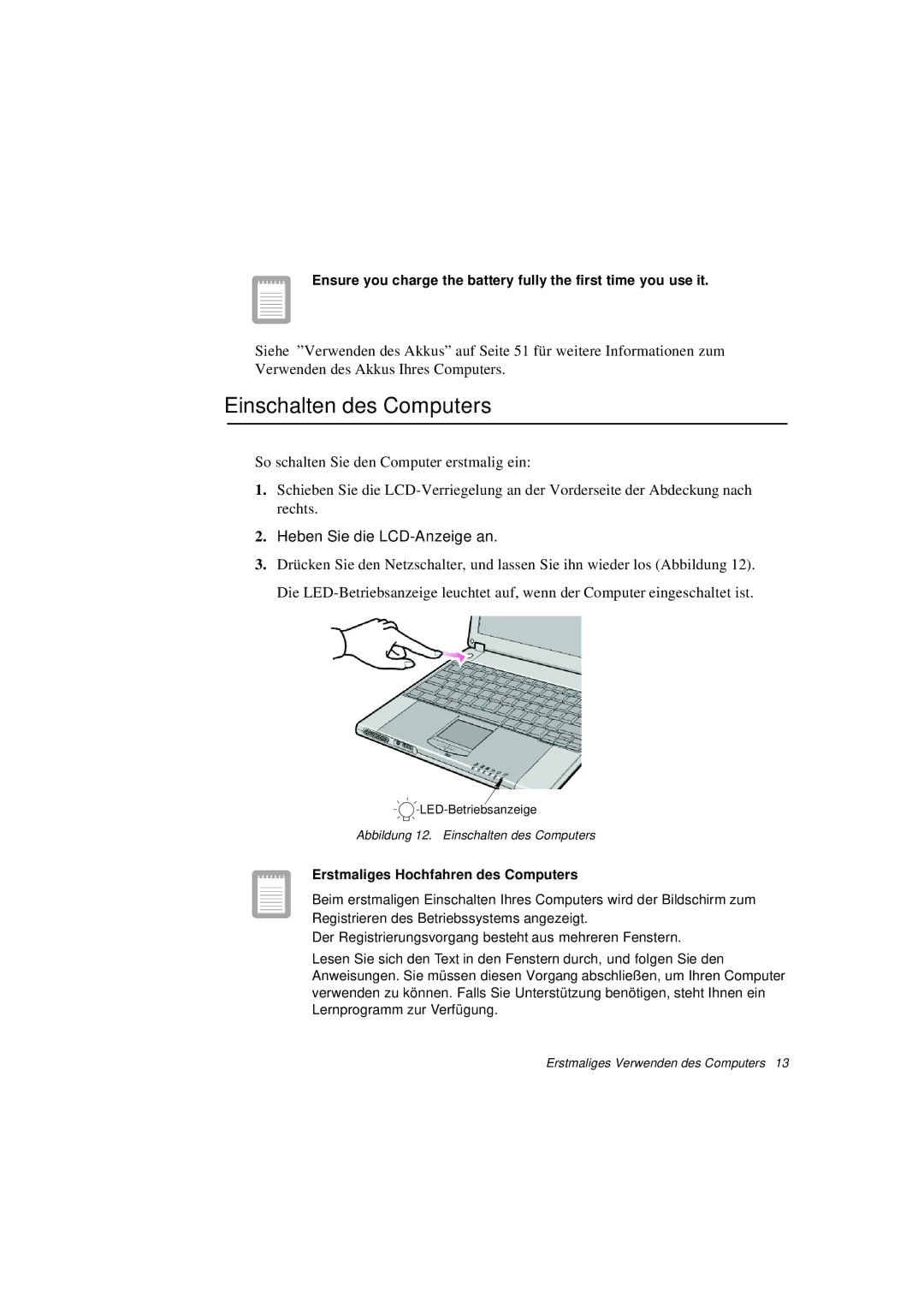 Samsung N760FR2001/SEG, N760GR2003/SEG, N760FS2023/SEG manual Einschalten des Computers, Erstmaliges Hochfahren des Computers 