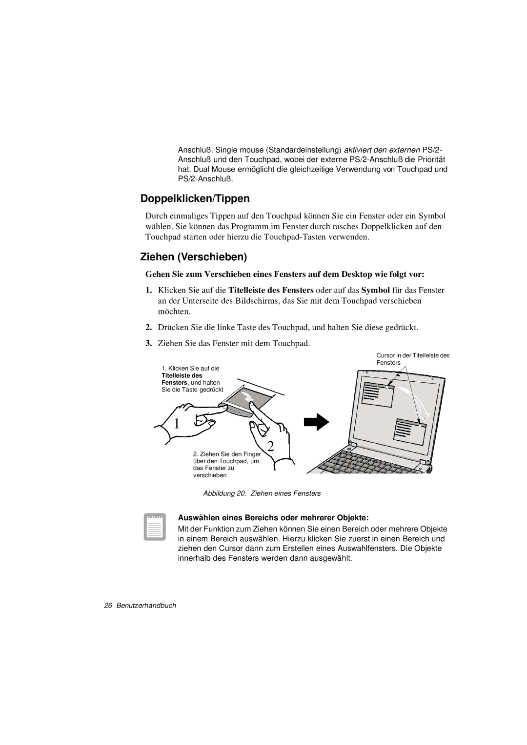 Samsung N760FS2023/SUK manual Doppelklicken/Tippen, Ziehen Verschieben, Auswählen eines Bereichs oder mehrerer Objekte 