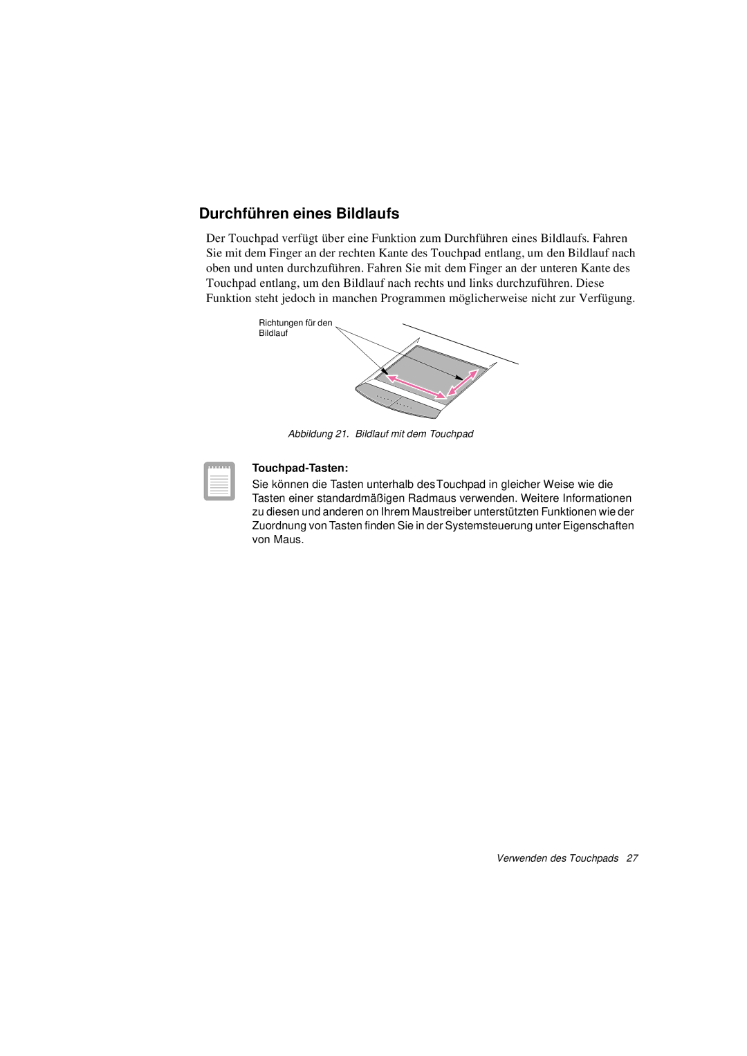 Samsung N760FS2023/SEF, N760GR2003/SEG, N760FS2023/SEG, N760FS2022/SEG manual Durchführen eines Bildlaufs, Touchpad-Tasten 