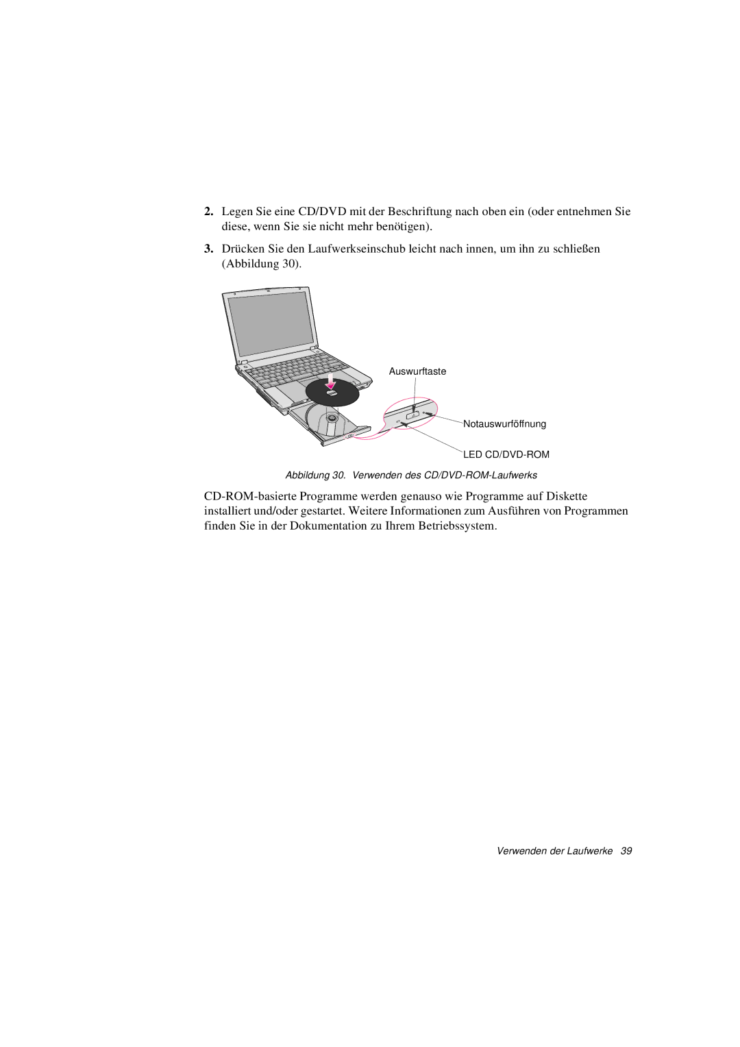 Samsung N760FS2022/SEG, N760GR2003/SEG, N760FS2023/SEG, N760FR2001/SEG manual Abbildung 30. Verwenden des CD/DVD-ROM-Laufwerks 