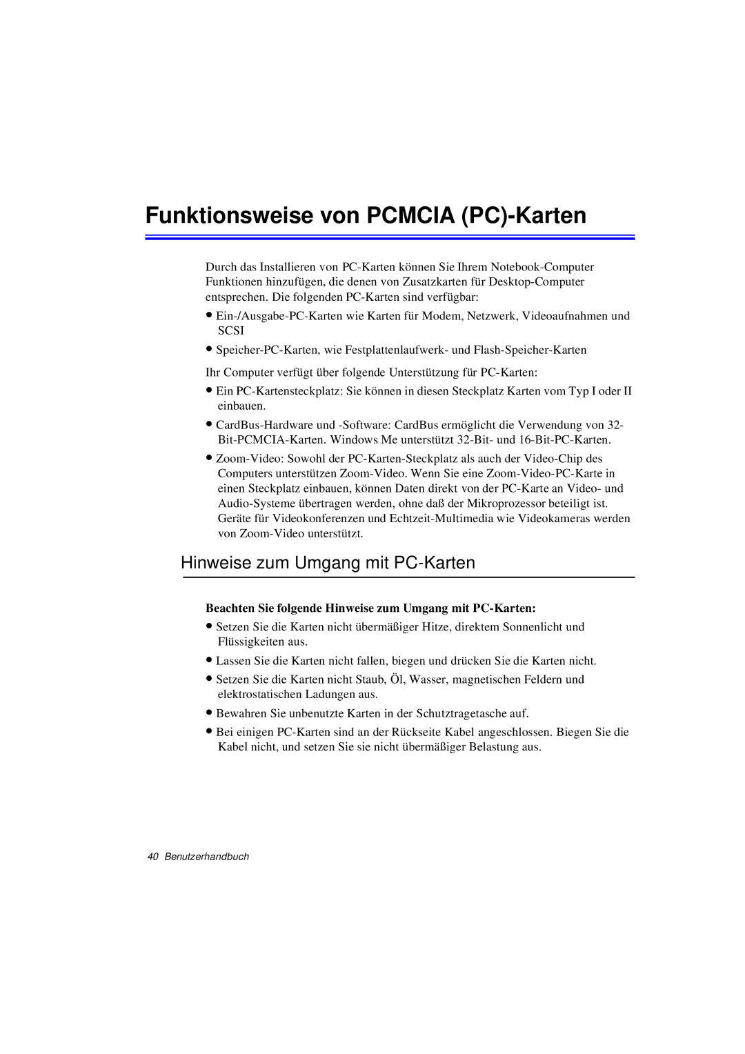 Samsung N760FR2001/SEG, N760GR2003/SEG manual Funktionsweise von Pcmcia PC-Karten, Hinweise zum Umgang mit PC-Karten 