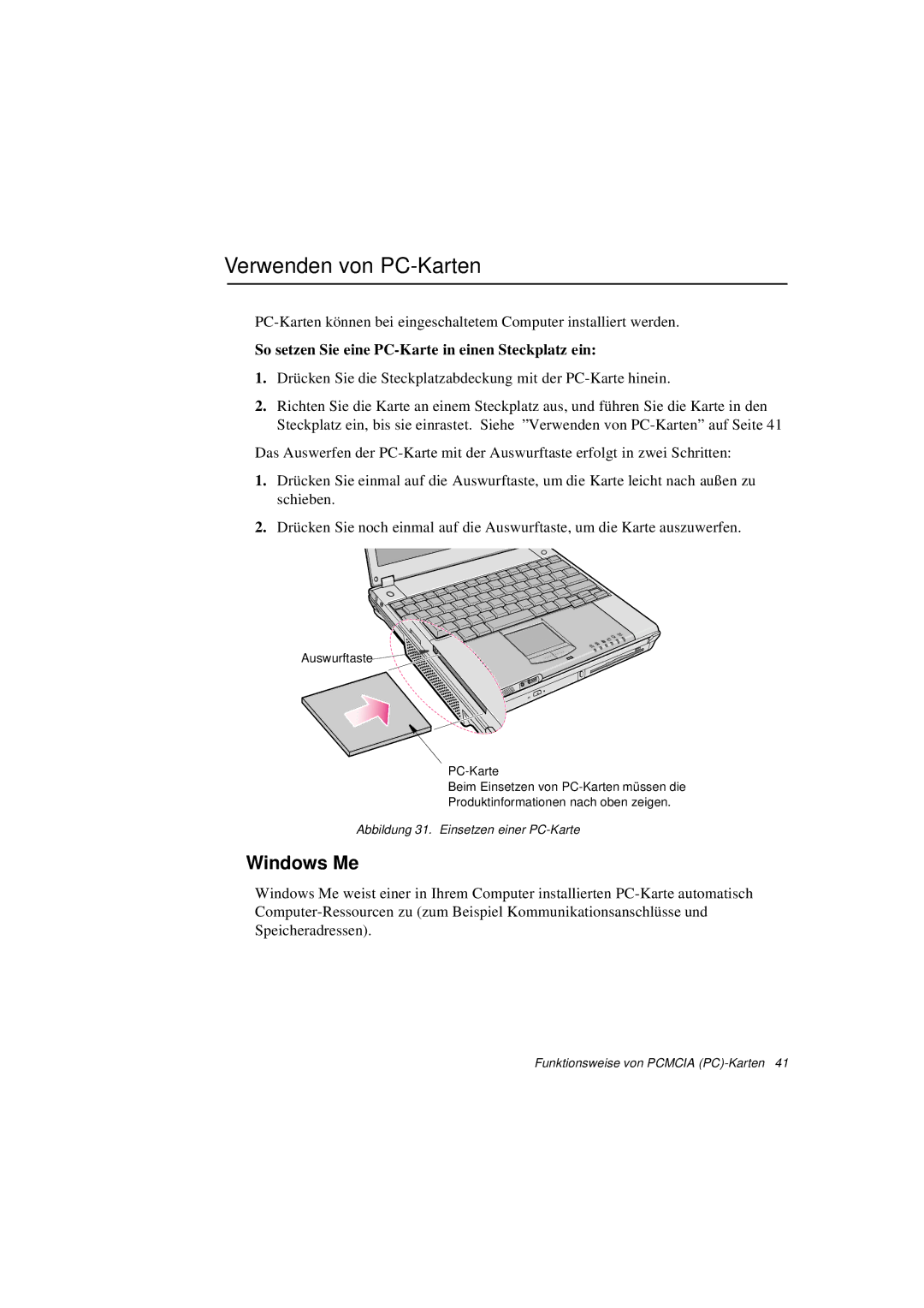 Samsung N760FS2100/SEG manual Verwenden von PC-Karten, Windows Me, So setzen Sie eine PC-Karte in einen Steckplatz ein 