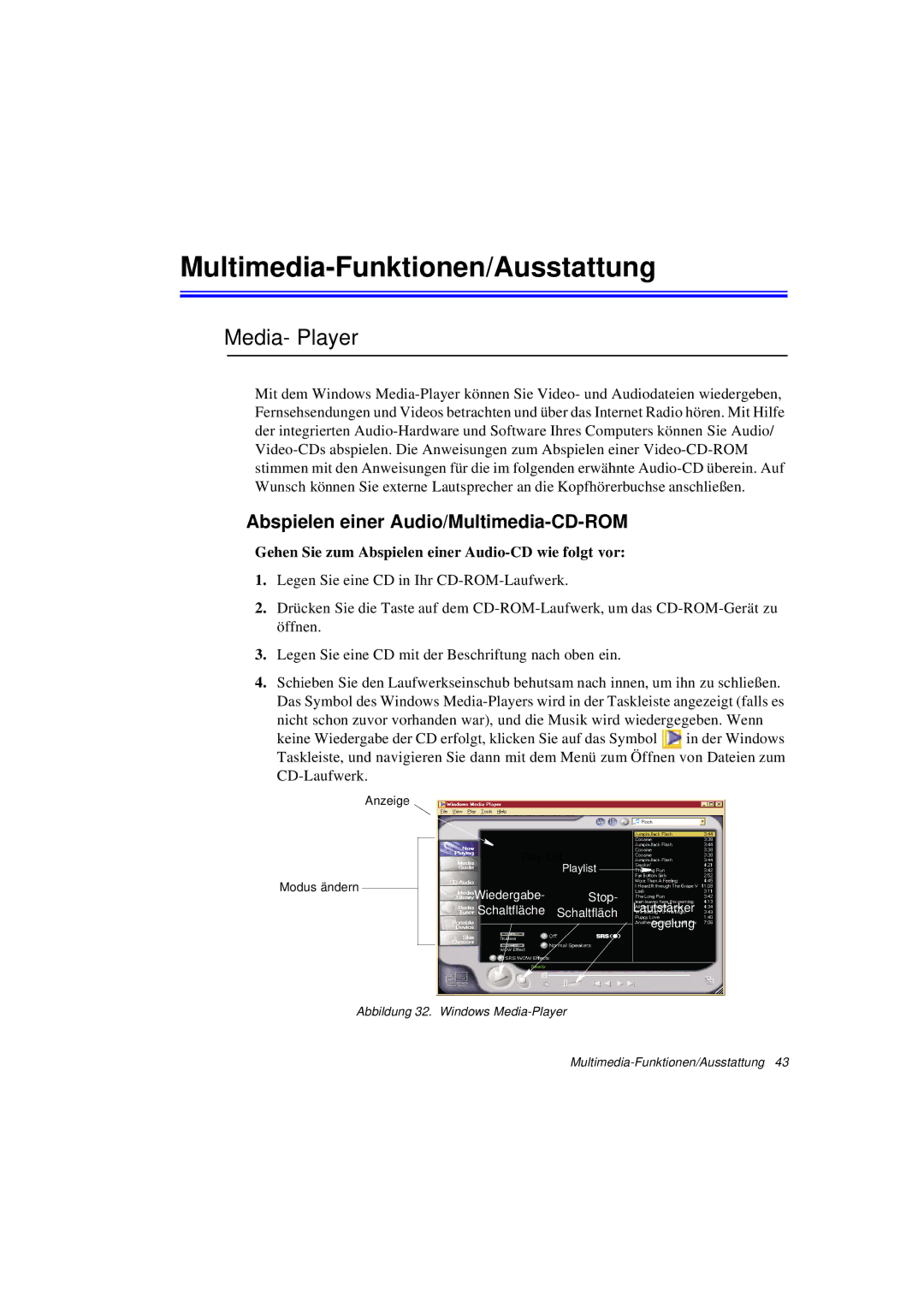 Samsung N760GR2004/SEG manual Multimedia-Funktionen/Ausstattung, Media- Player, Abspielen einer Audio/Multimedia-CD-ROM 