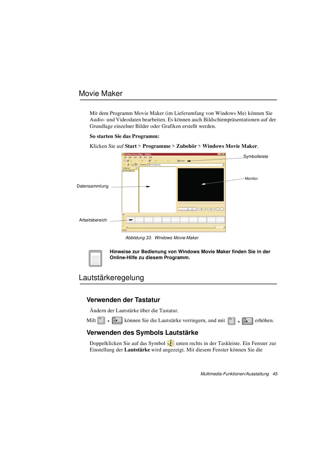 Samsung N760FS2023/SEF manual Movie Maker, Lautstärkeregelung, Verwenden der Tastatur, Verwenden des Symbols Lautstärke 