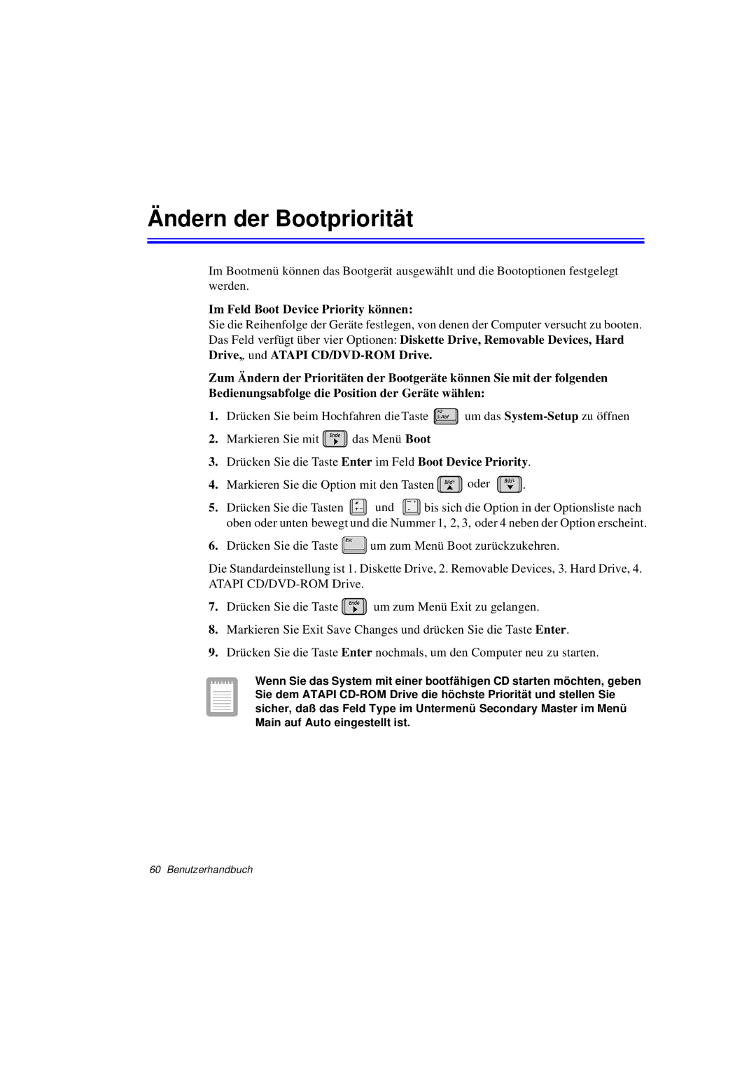 Samsung N760PJ2006/SEG, N760GR2003/SEG, N760FS2023/SEG manual Ändern der Bootpriorität, Im Feld Boot Device Priority können 