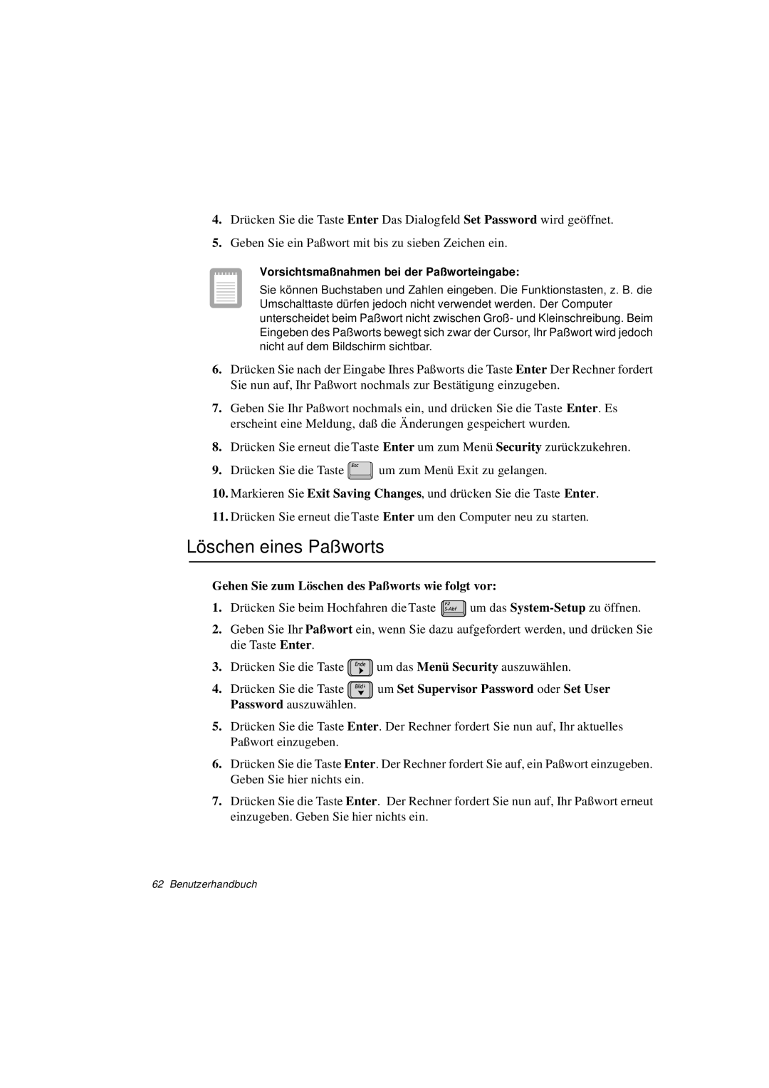 Samsung N760FS2023/SUK, N760GR2003/SEG manual Löschen eines Paßworts, Gehen Sie zum Löschen des Paßworts wie folgt vor 