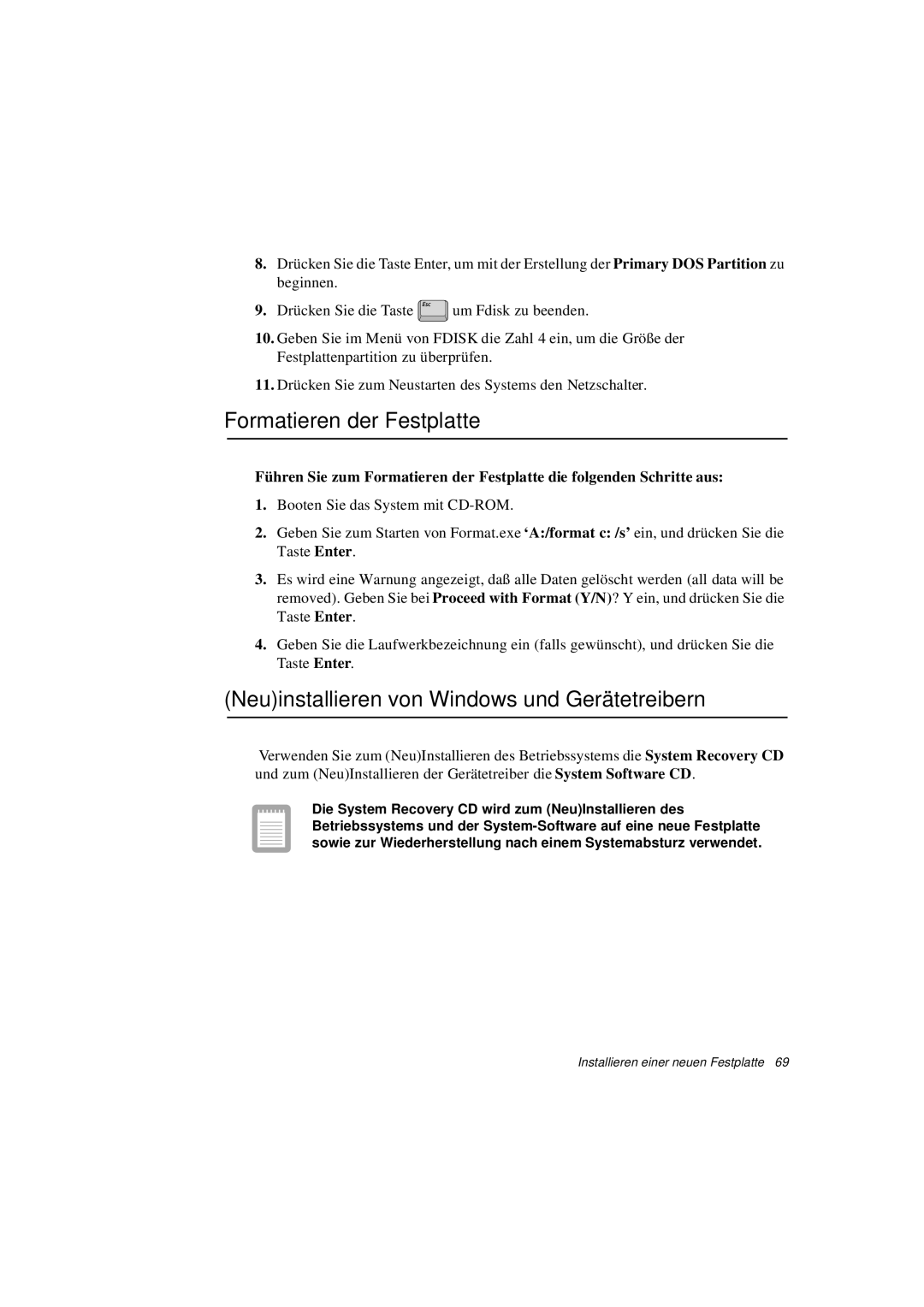 Samsung N760PJ2006/SEG, N760GR2003/SEG manual Formatieren der Festplatte, Neuinstallieren von Windows und Gerätetreibern 