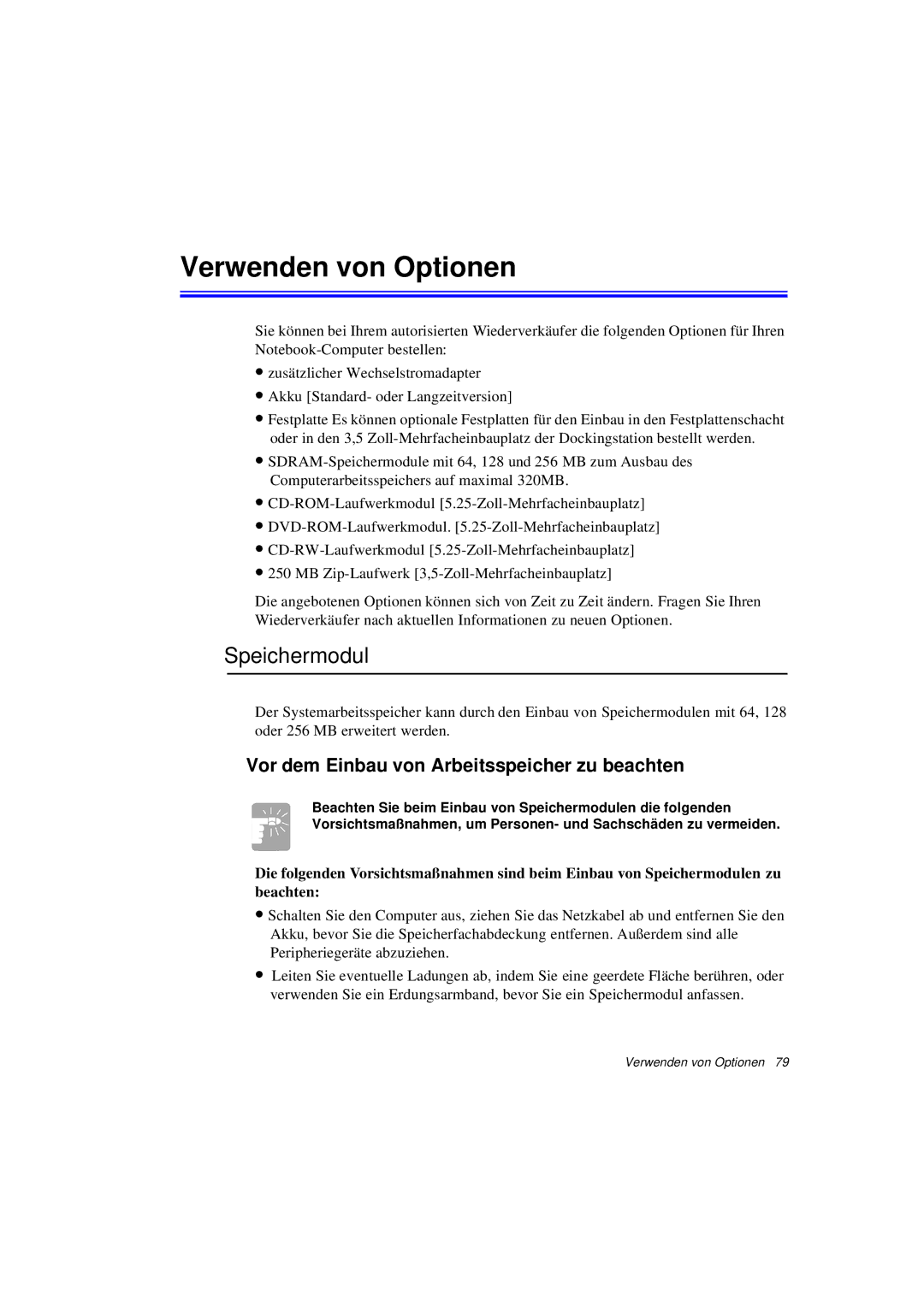 Samsung N760GR2004/SEG manual Verwenden von Optionen, Speichermodul, Vor dem Einbau von Arbeitsspeicher zu beachten 