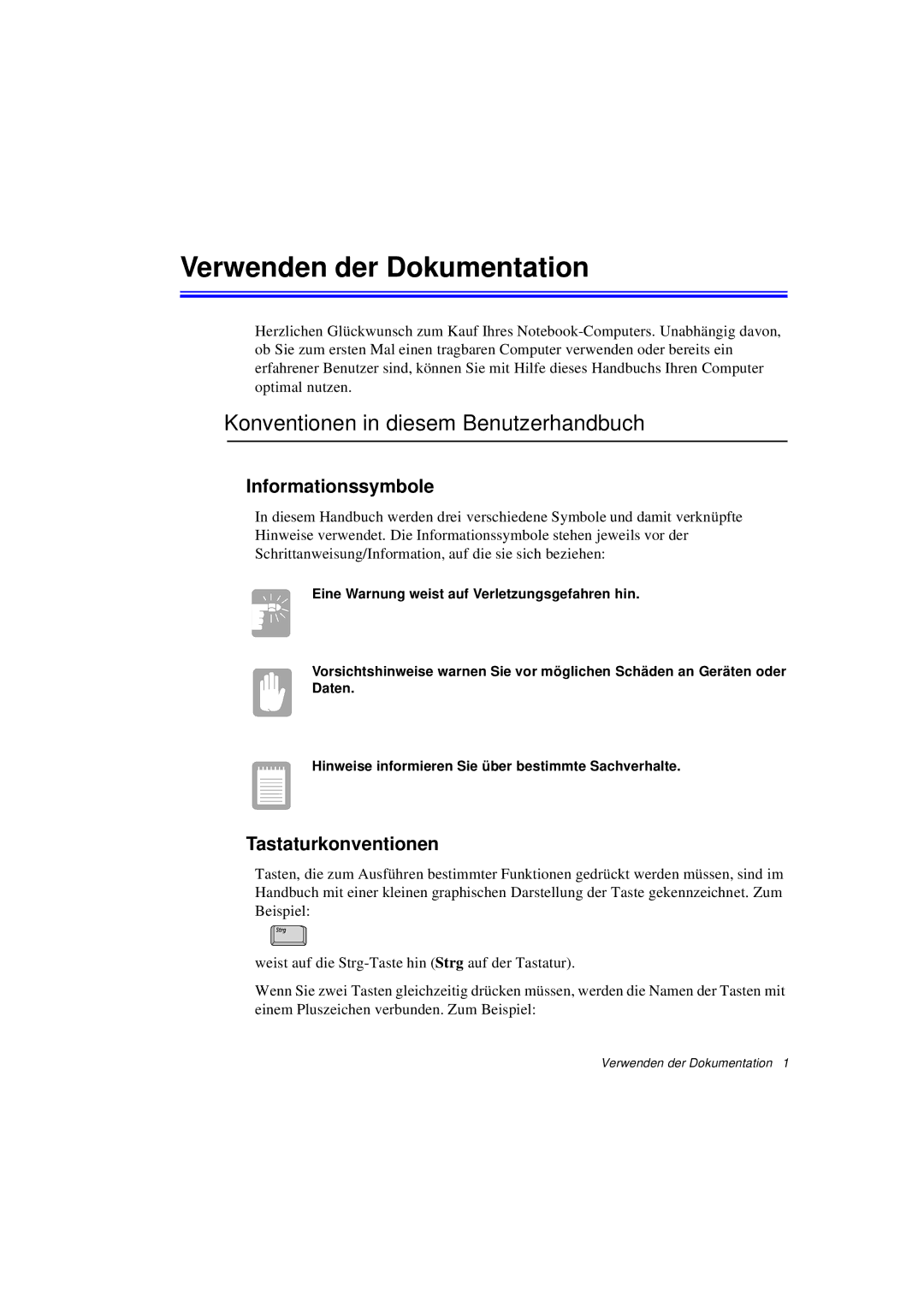 Samsung N760GR2003/SEG manual Verwenden der Dokumentation, Konventionen in diesem Benutzerhandbuch, Informationssymbole 