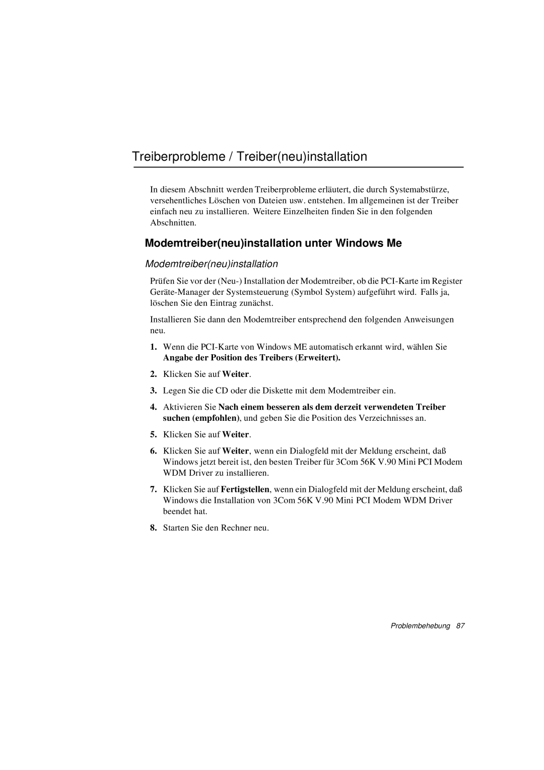 Samsung N760PJ2006/SEG manual Treiberprobleme / Treiberneuinstallation, Modemtreiberneuinstallation unter Windows Me 