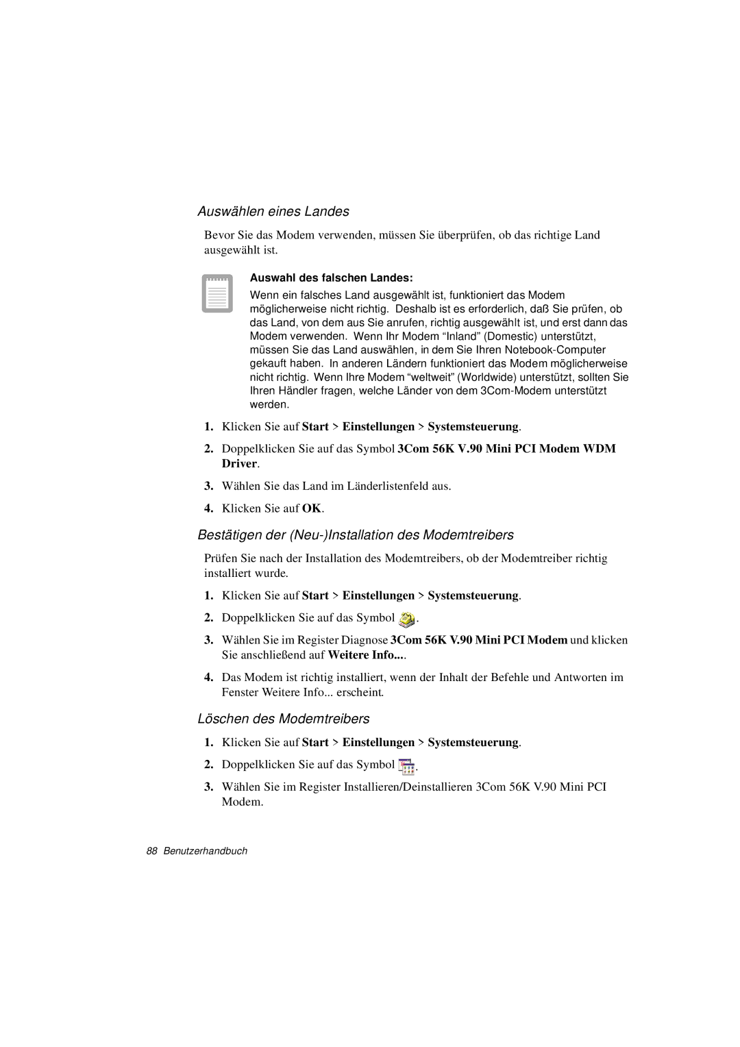 Samsung N760GR2004/SEG, N760GR2003/SEG manual Auswählen eines Landes, Bestätigen der Neu-Installation des Modemtreibers 