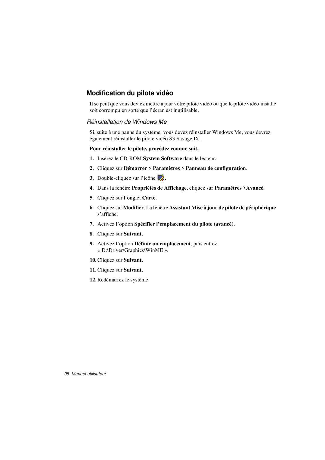 Samsung N760FN2020/SEF, N760PJ2008/SEF manual Modification du pilote vidé o, Pour réinstaller le pilote, procédez comme suit 