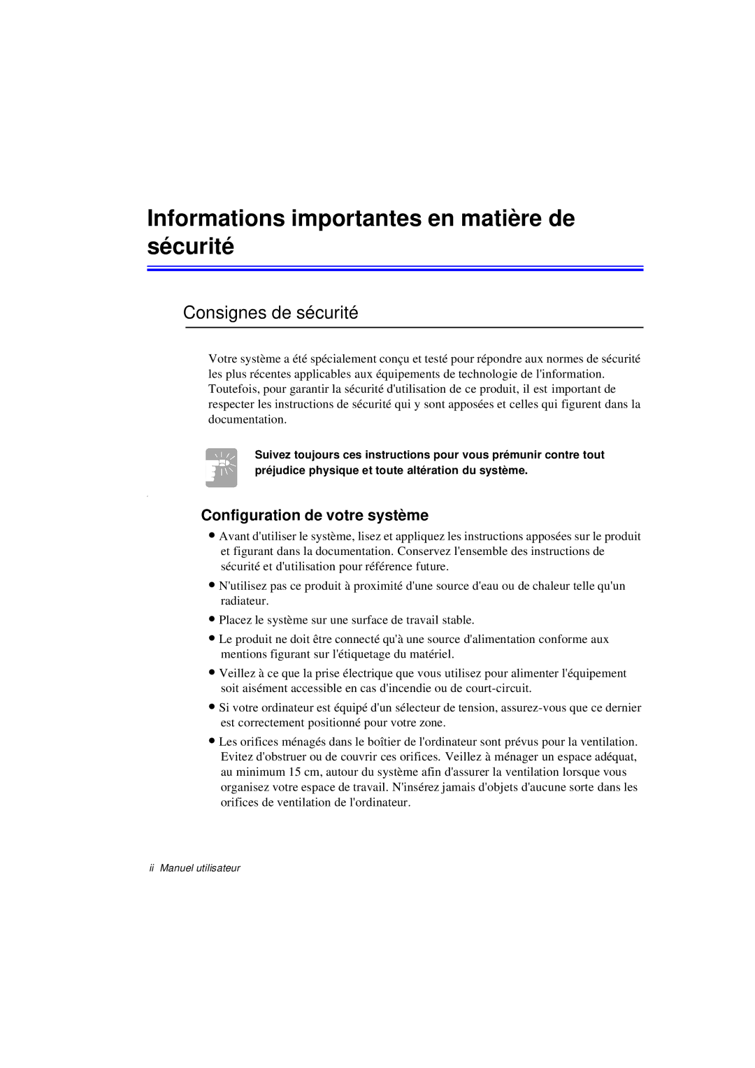 Samsung N760GR2Z08/SEF, N760PJ2008/SEF manual Informations importantes en matière de sécurité, Consignes de sécurité 