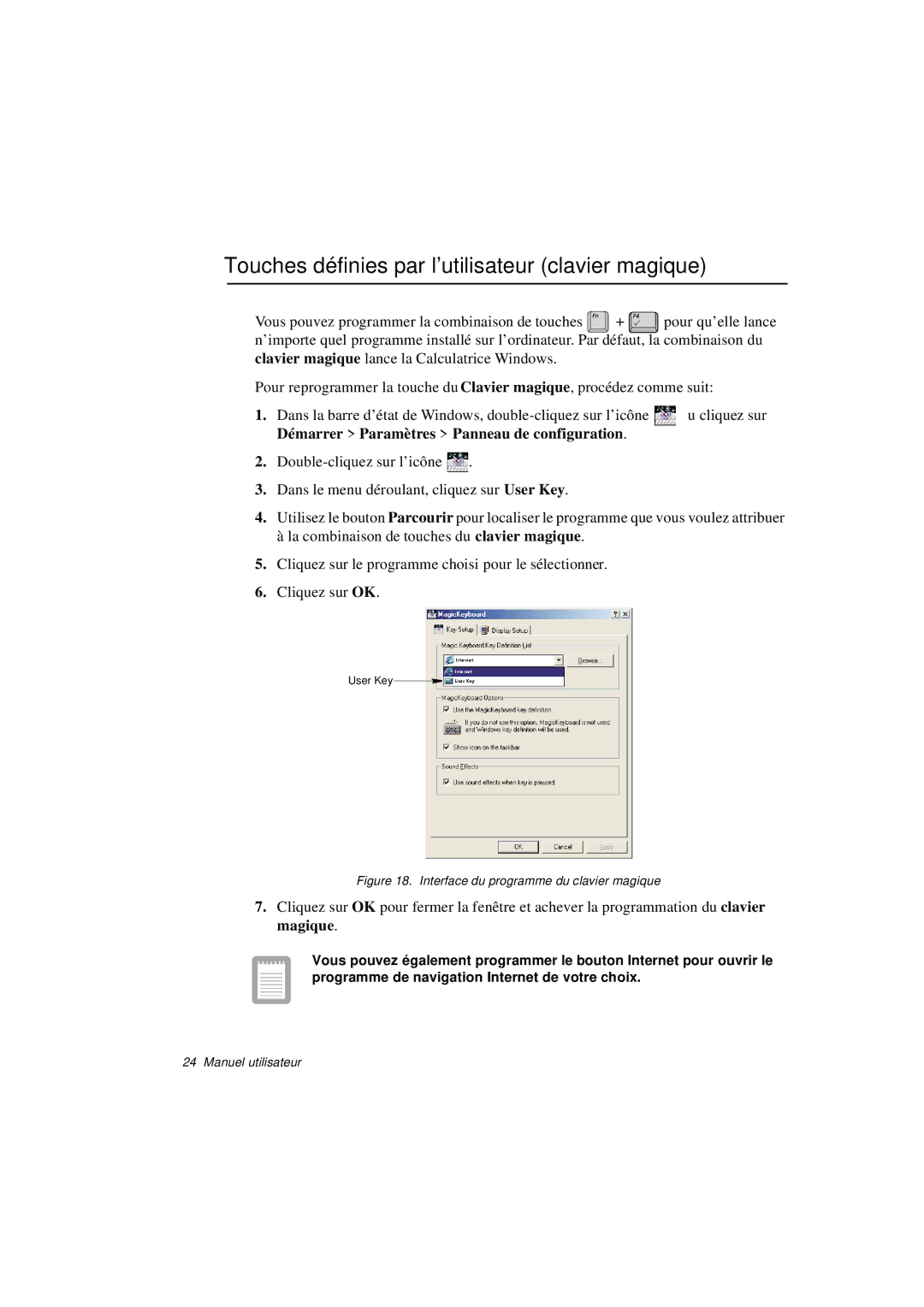 Samsung N760PJ2005/SEF manual Touches définies par l’utilisateur clavier magique, Interface du programme du clavier magique 