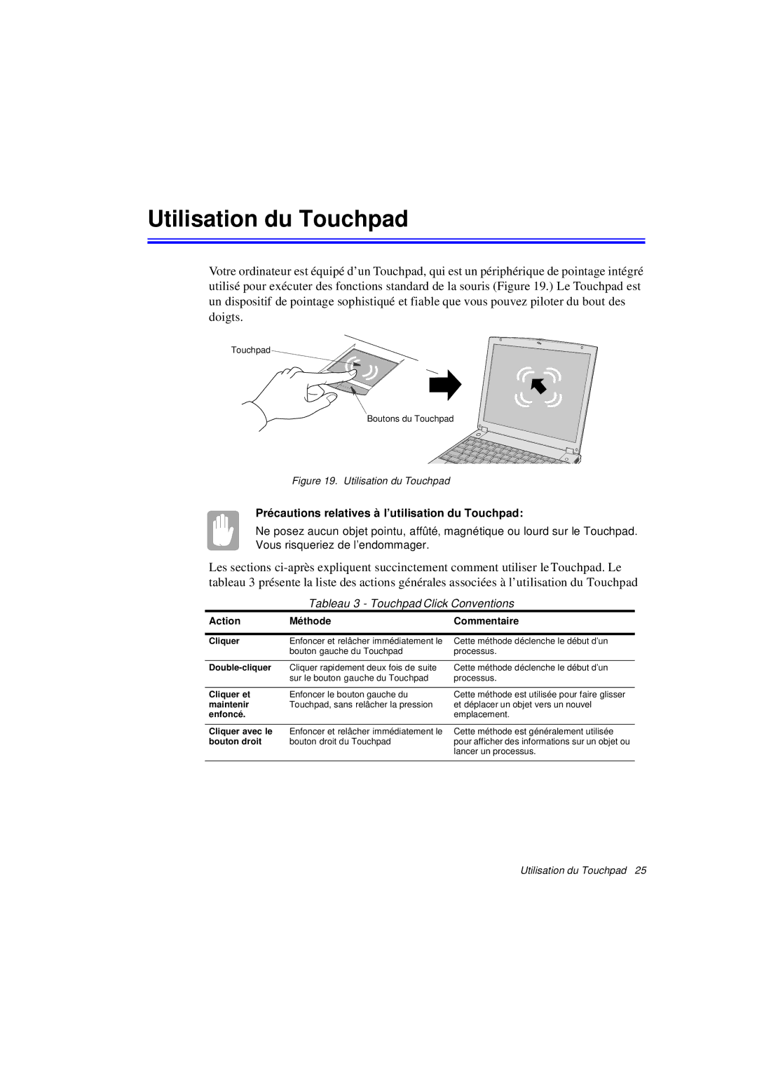 Samsung N760GR2Z08/SEF, N760PJ2008/SEF manual Utilisation du Touchpad, Précautions relatives à l’utilisation du Touchpad 