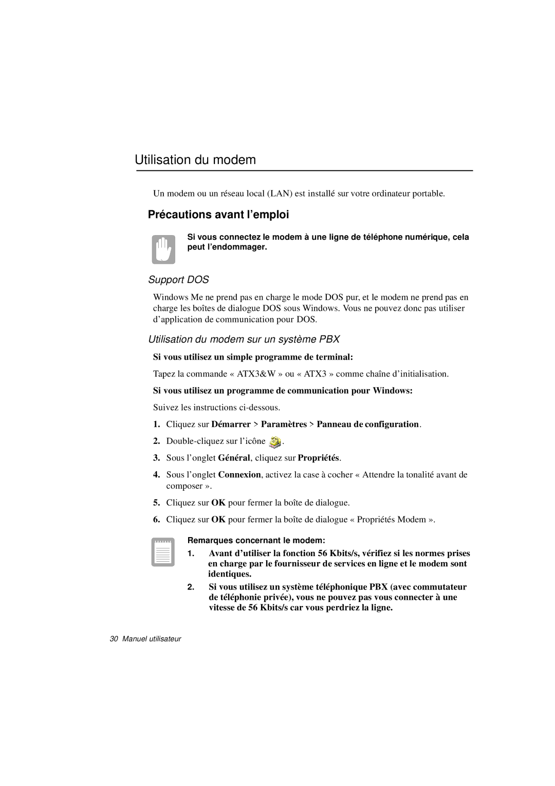 Samsung N760PJ2011/SEF Utilisation du modem, Précautions avant l’emploi, Si vous utilisez un simple programme de terminal 