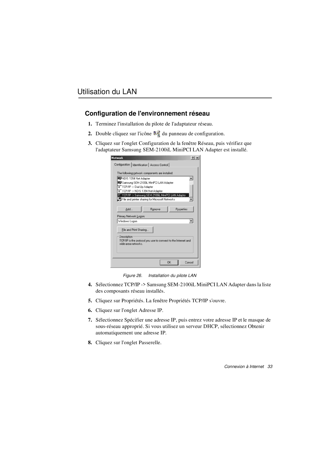 Samsung N760FR2100/SEF, N760PJ2008/SEF, N760PJ2005/SEF manual Utilisation du LAN, Configuration de lenvironnement réseau 