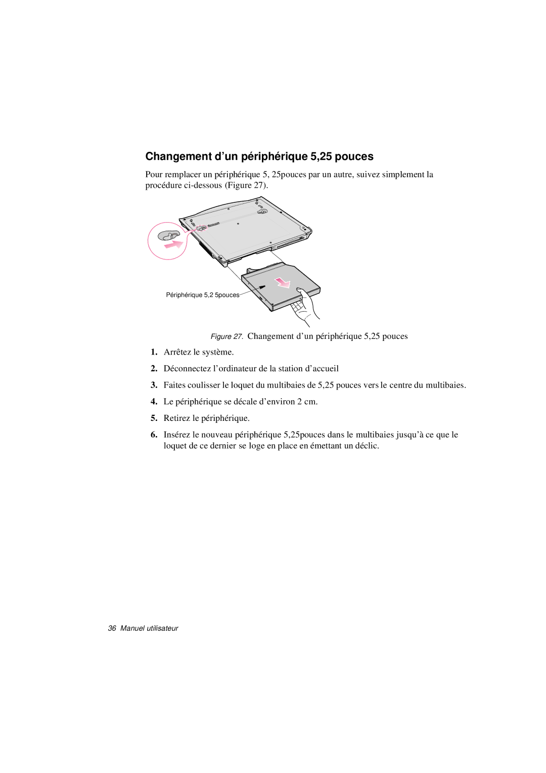 Samsung N760FN2020/SEF, N760PJ2008/SEF, N760PJ2005/SEF, N760GR2Z08/SEF manual Changement d’un périphérique 5,25 pouces 