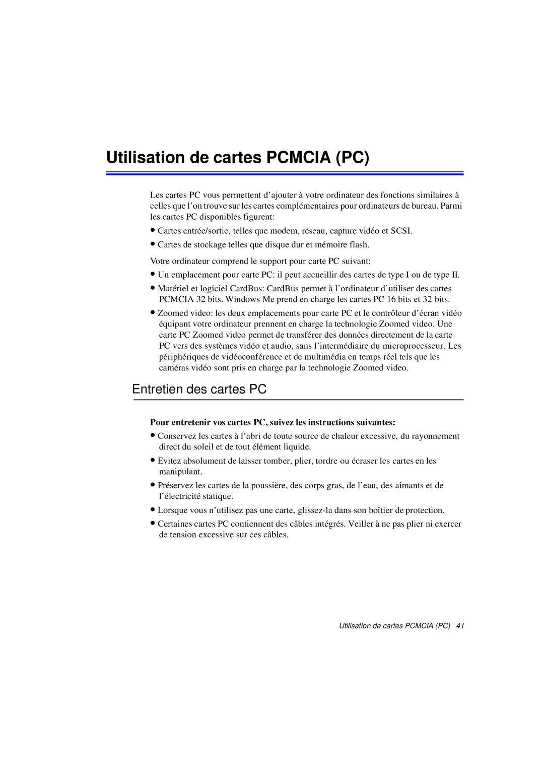 Samsung N760FS2023/SEF, N760PJ2008/SEF, N760PJ2005/SEF manual Utilisation de cartes Pcmcia PC, Entretien des cartes PC 