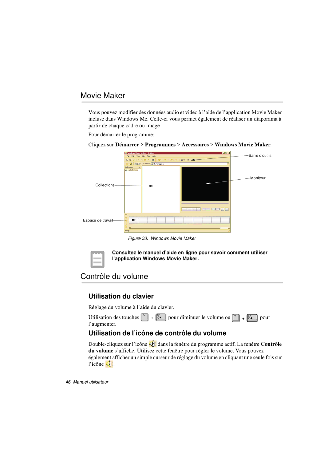 Samsung N760GN2004/SEF, N760PJ2008/SEF, N760PJ2005/SEF manual Movie Maker, Contrôle du volume, Utilisation du clavier 