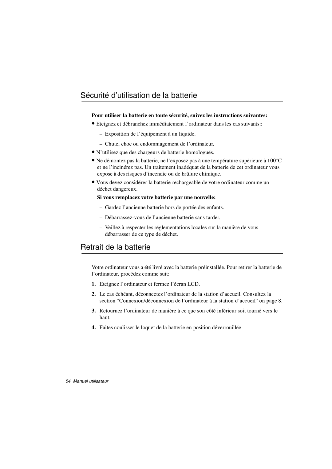 Samsung N760PJ2008/SEF, N760PJ2005/SEF, N760GR2Z08/SEF manual Sécurité d’utilisation de la batterie, Retrait de la batterie 