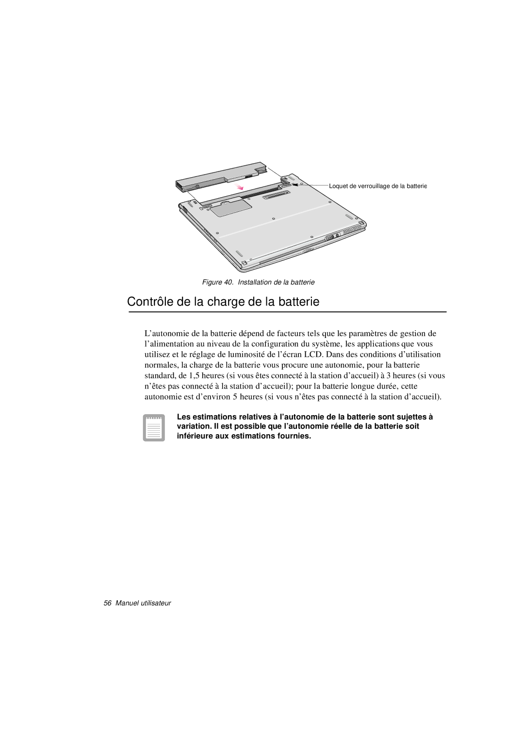 Samsung N760GR2Z08/SEF, N760PJ2008/SEF, N760PJ2005/SEF Contrôle de la charge de la batterie, Installation de la batterie 