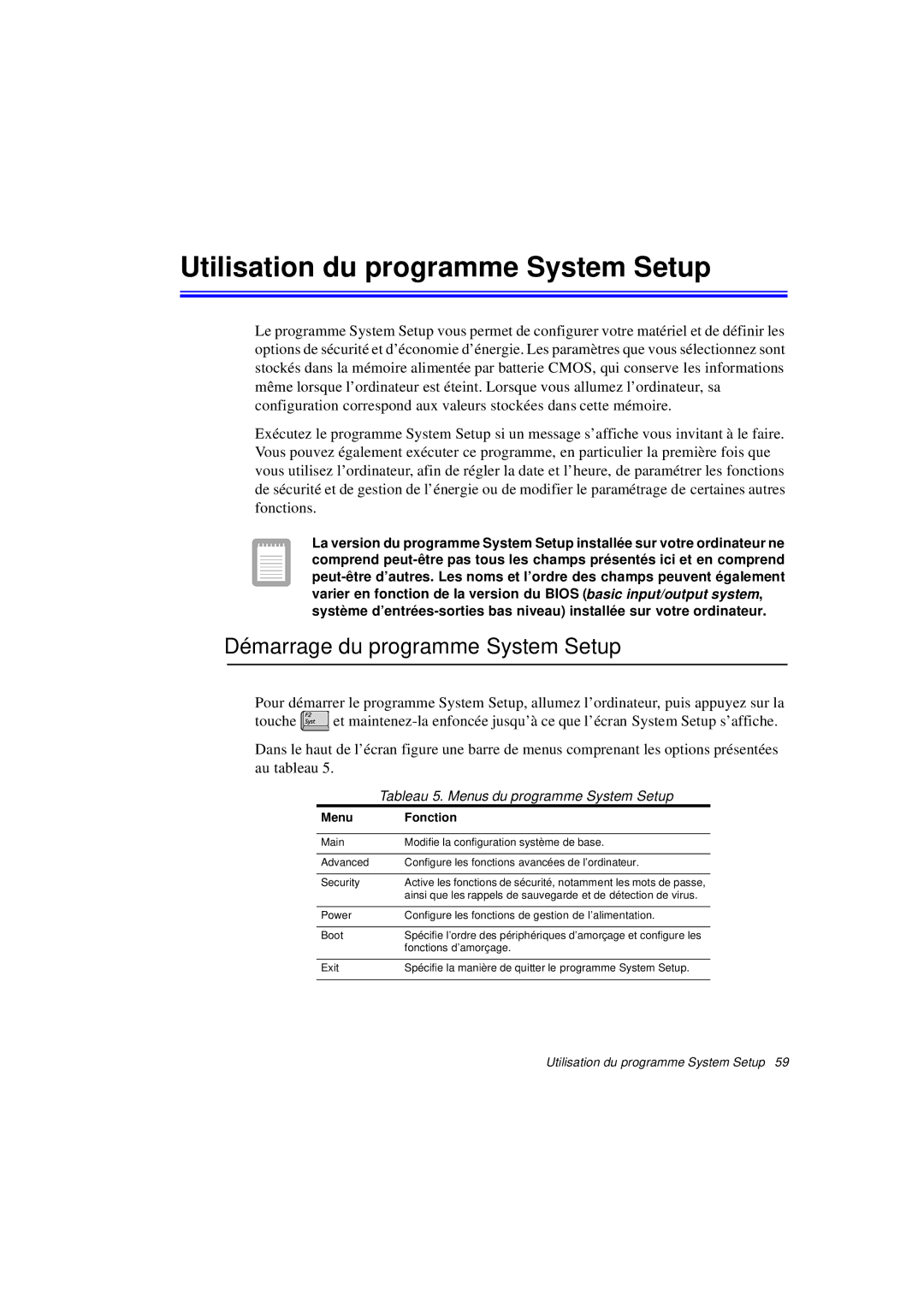 Samsung N760FN2024/SEF, N760PJ2008/SEF manual Utilisation du programme System Setup, Démarrage du programme System Setup 