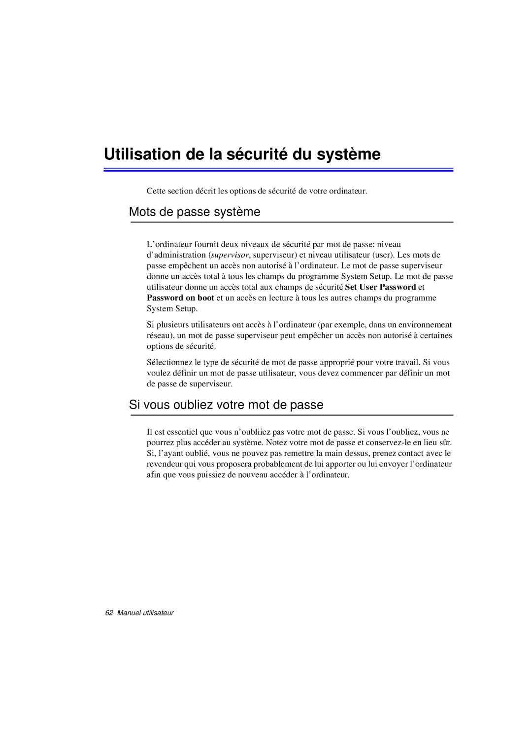 Samsung N760GR2008/SEF Utilisation de la sécurité du système, Mots de passe système, Si vous oubliez votre mot de passe 