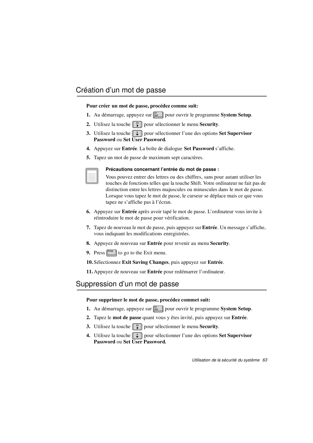 Samsung N760FS2028/SEF, N760PJ2008/SEF, N760PJ2005/SEF manual Création d’un mot de passe, Suppression d’un mot de passe 