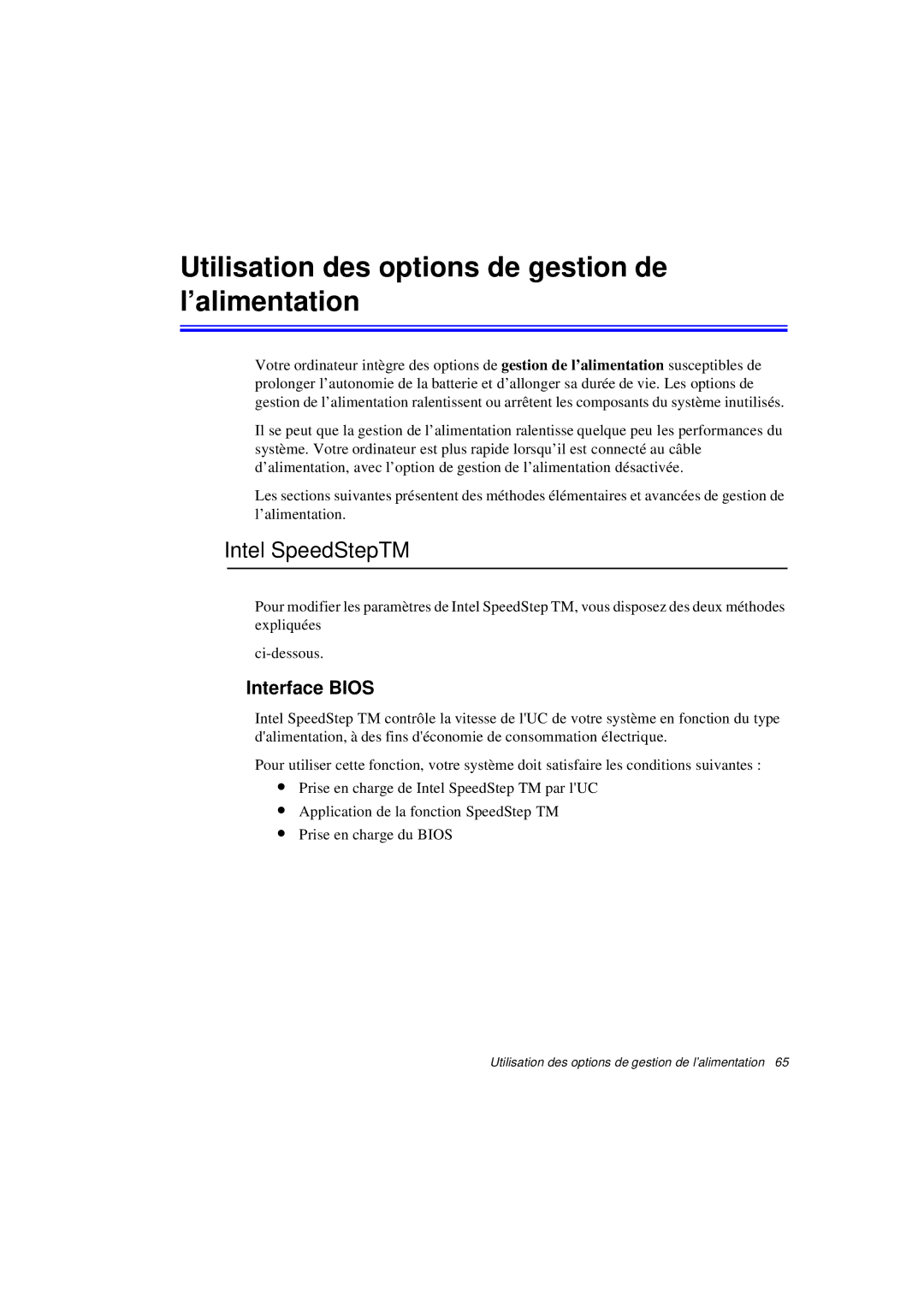 Samsung N760GR2009/SEF manual Utilisation des options de gestion de l’alimentation, Intel SpeedStepTM, Interface Bios 