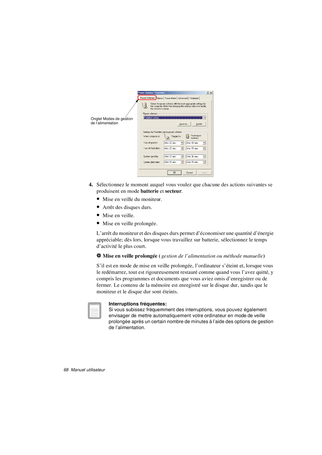 Samsung N760GN2006/SEF, N760PJ2008/SEF, N760PJ2005/SEF, N760GR2Z08/SEF manual Onglet Modes de gestion de l’alimentation 