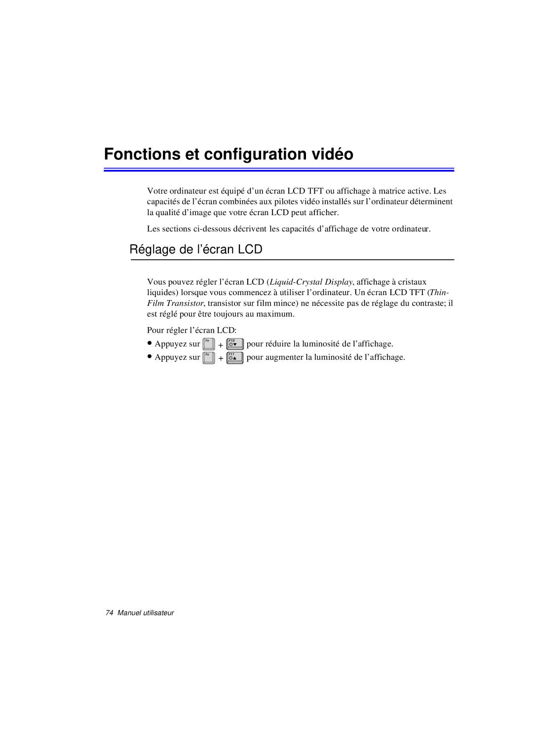 Samsung N760GR2003/SEF, N760PJ2008/SEF, N760PJ2005/SEF manual Fonctions et configuration vidé o, Réglage de l’écran LCD 