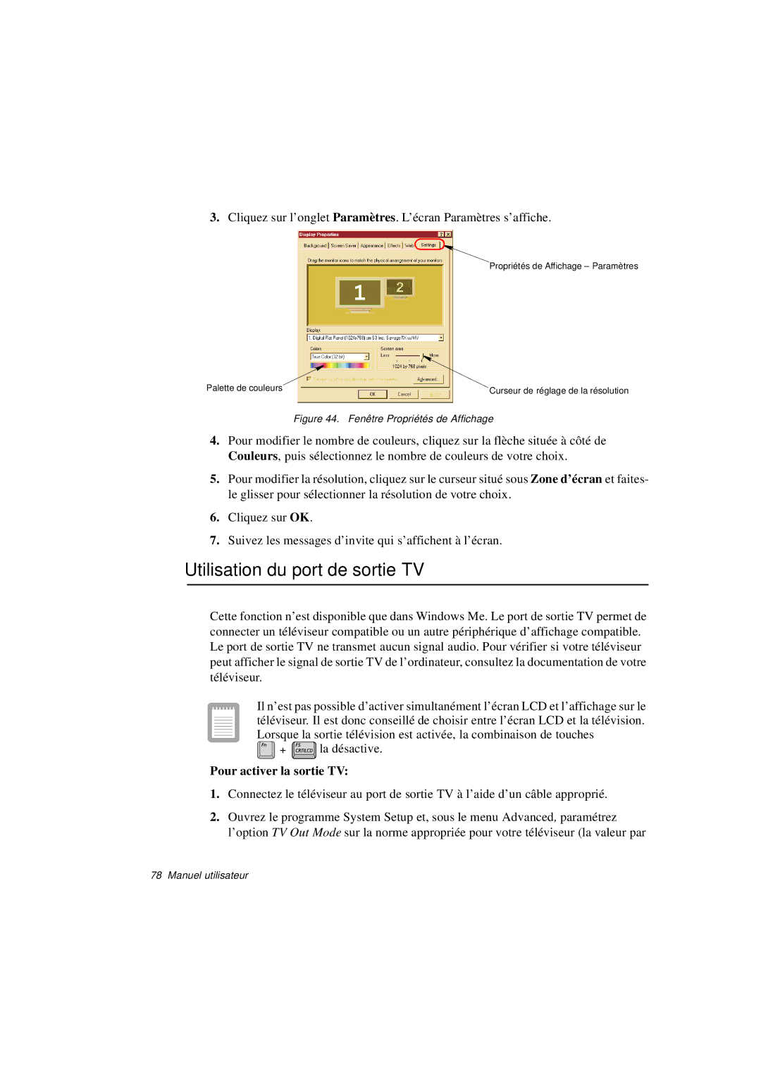 Samsung N760FR2021/SEF, N760PJ2008/SEF, N760PJ2005/SEF manual Utilisation du port de sortie TV, Pour activer la sortie TV 