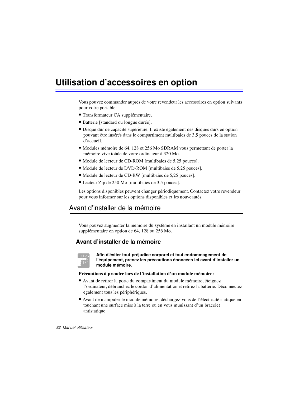 Samsung N760GN2005/SEF, N760PJ2008/SEF, N760PJ2005/SEF Utilisation d’accessoires en option, Avant d’installer de la mémoire 