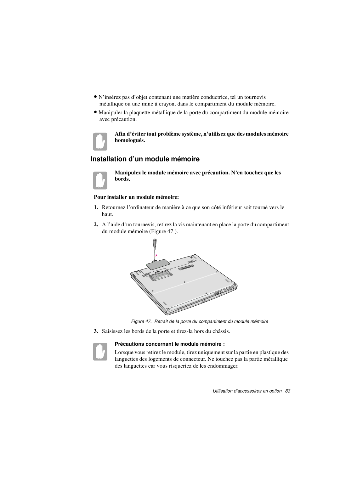 Samsung N760GN2002/SEF, N760PJ2008/SEF manual Installation d’un module mé moire, Pré cautions concernant le module mé moire 