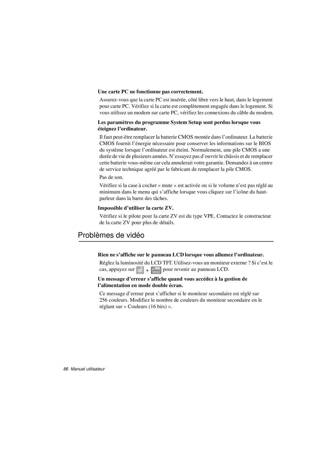 Samsung N760PJ2005/SEF Problèmes de vidéo, Une carte PC ne fonctionne pas correctement, Impossible d’utiliser la carte ZV 