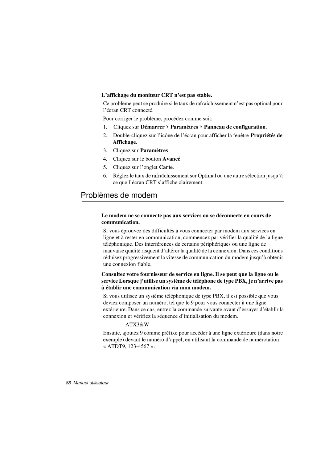 Samsung N760GR2004/SEF, N760PJ2008/SEF, N760PJ2005/SEF manual Problèmes de modem, ’affichage du moniteur CRT n’est pas stable 