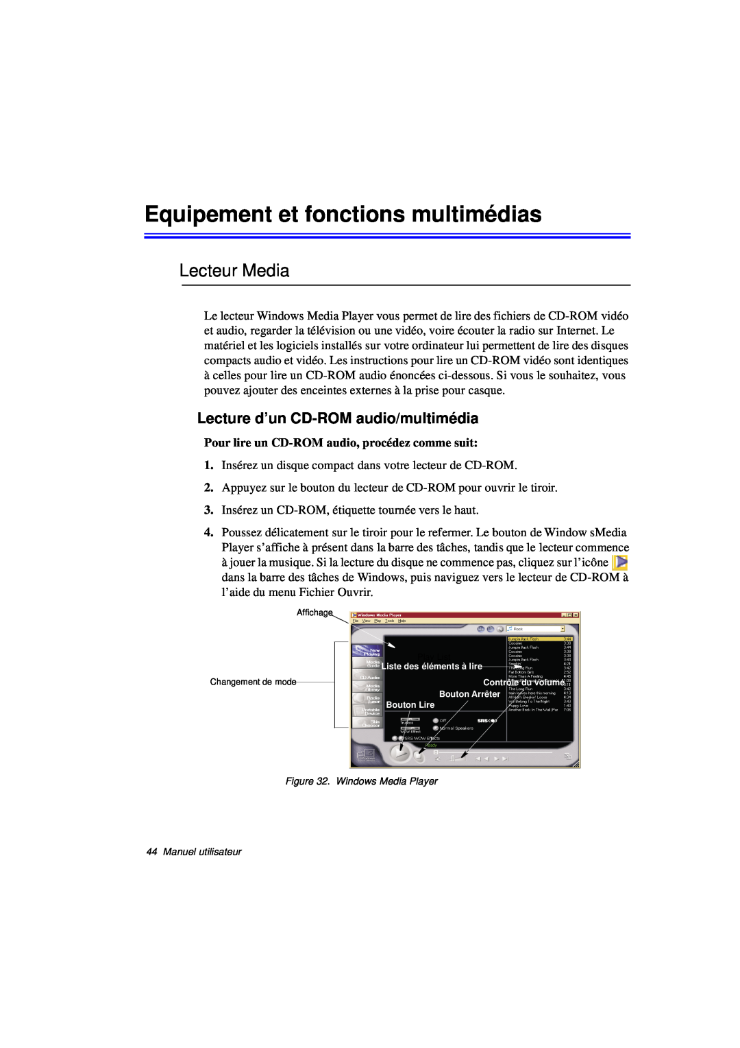 Samsung N760PJ2002/SEF manual Equipement et fonctions multimédias, Lecteur Media, Lecture d’un CD-ROM audio/multimédia 