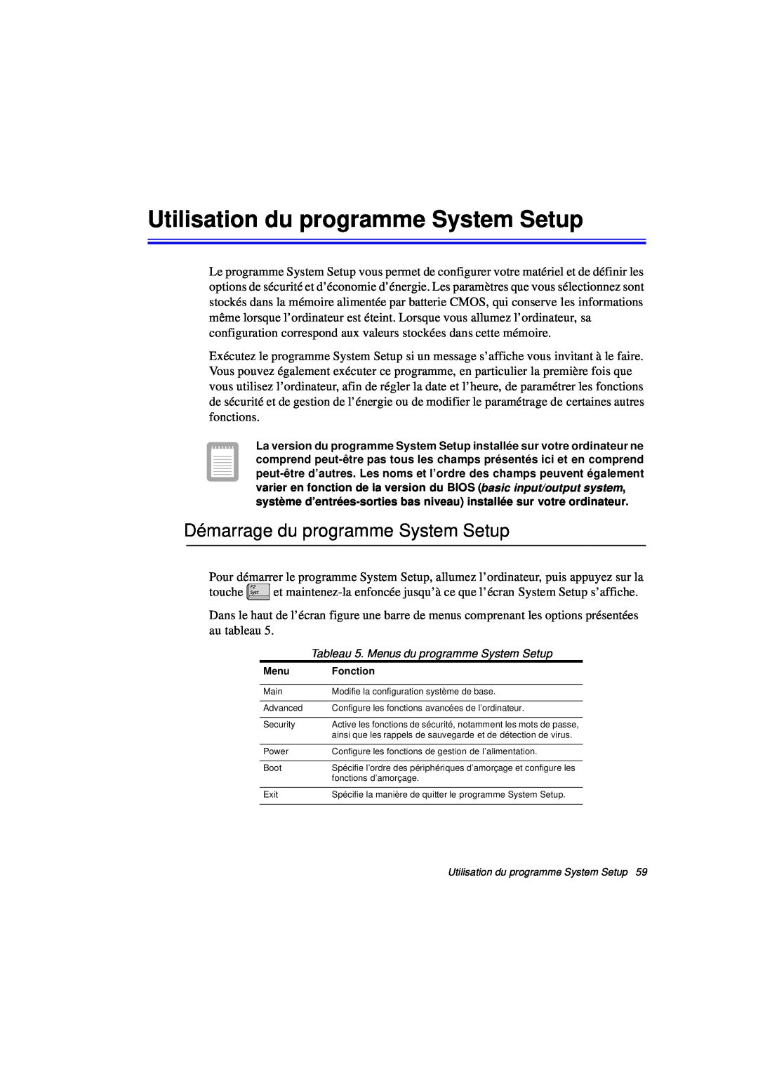 Samsung N760FN2024/SEF, N760PJ2008/SEF manual Utilisation du programme System Setup, Démarrage du programme System Setup 