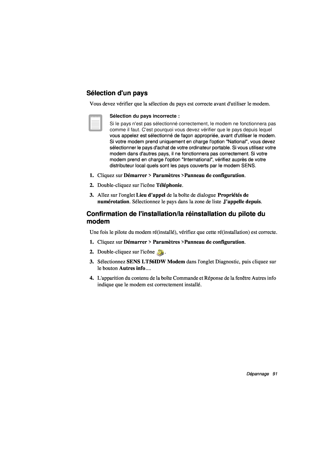 Samsung N760FN2022/SEF manual Sé lection dun pays, Confirmation de linstallation/la érinstallation du pilote du modem 